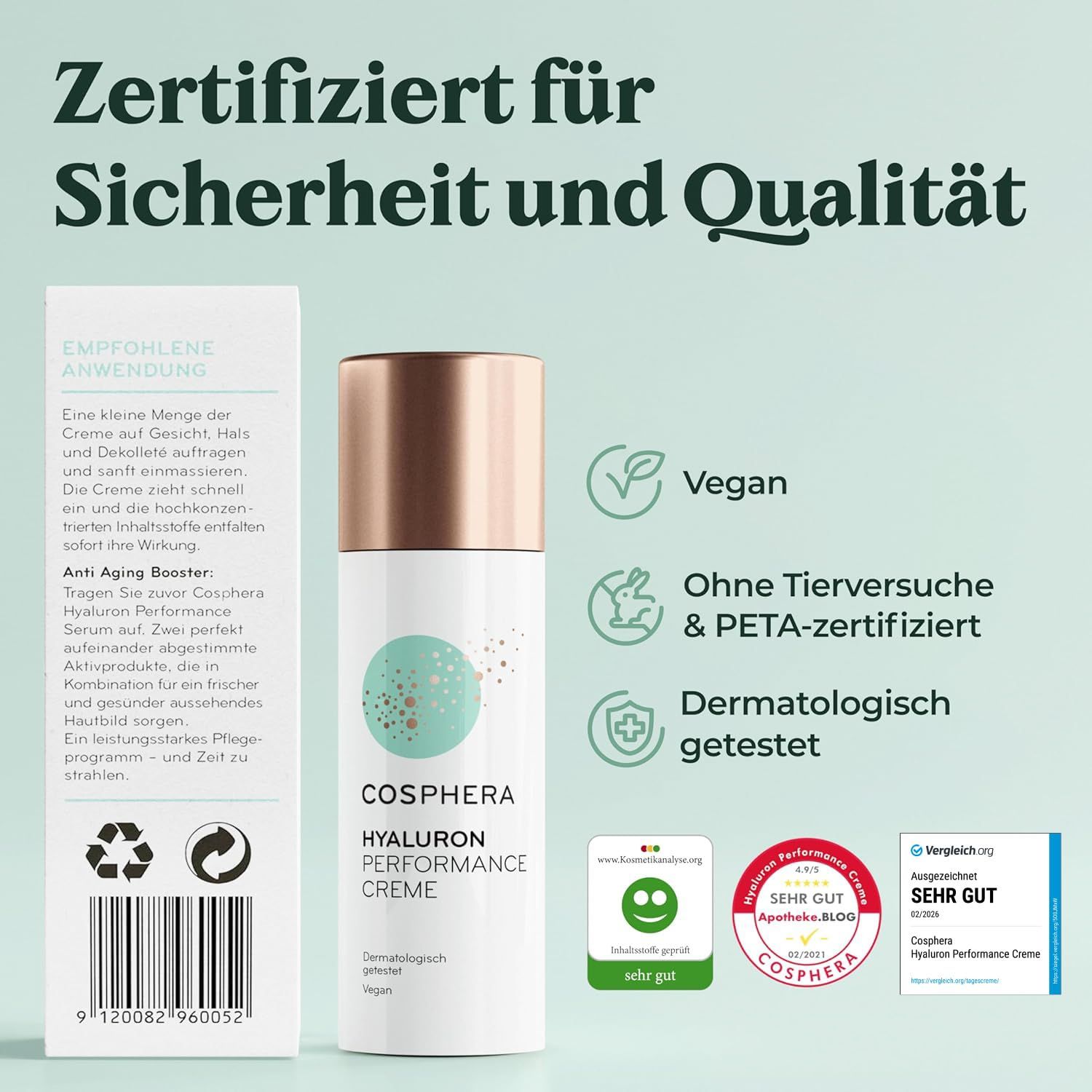 Cosphera Hyaluron Performance Creme mit Siegeln: Vegan, ohne Tierversuche, dermatologisch getestet.