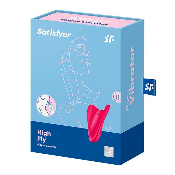 Verpackung von Satisfyer High Fly Fingervibrator. Blau-rosa Box mit Produktabbildung und Logo.