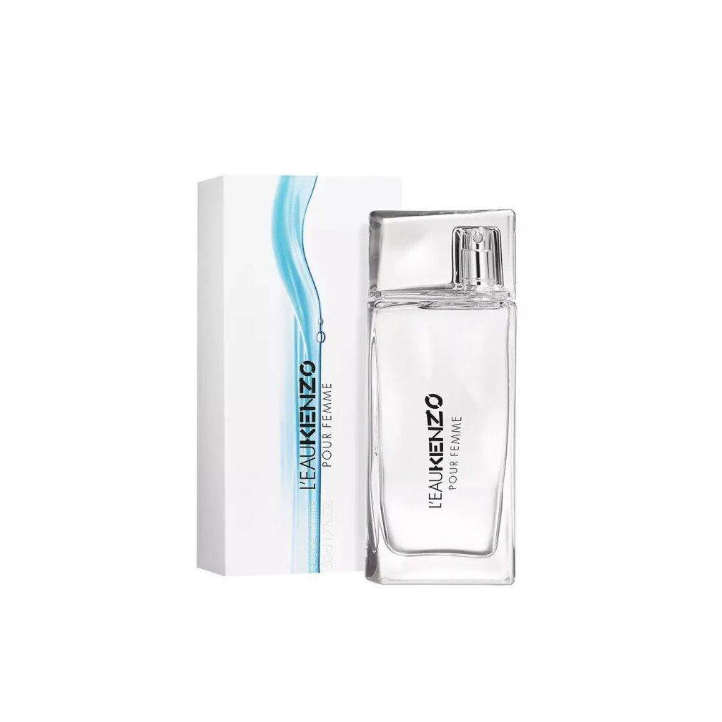 Glasflakon und Verpackung. Flakon mit Sprühkopf. Aufschrift: L'EAU KENZO POUR FEMME.
