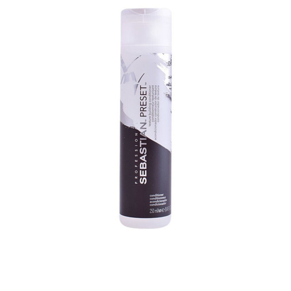 Sebastian Preset Conditioner. Weiße Flasche mit schwarzem Abschnitt. Text: Sebastian, Preset, Conditioner. 250 ml.