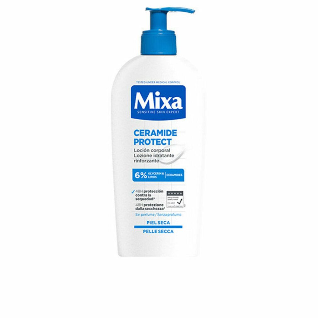 Weiße Flasche mit blauem Pumpkopf. Aufschrift: Mixa, Ceramide Protect, Lotion pour le Corps, Peaux Sèches. 6% Ceramide.