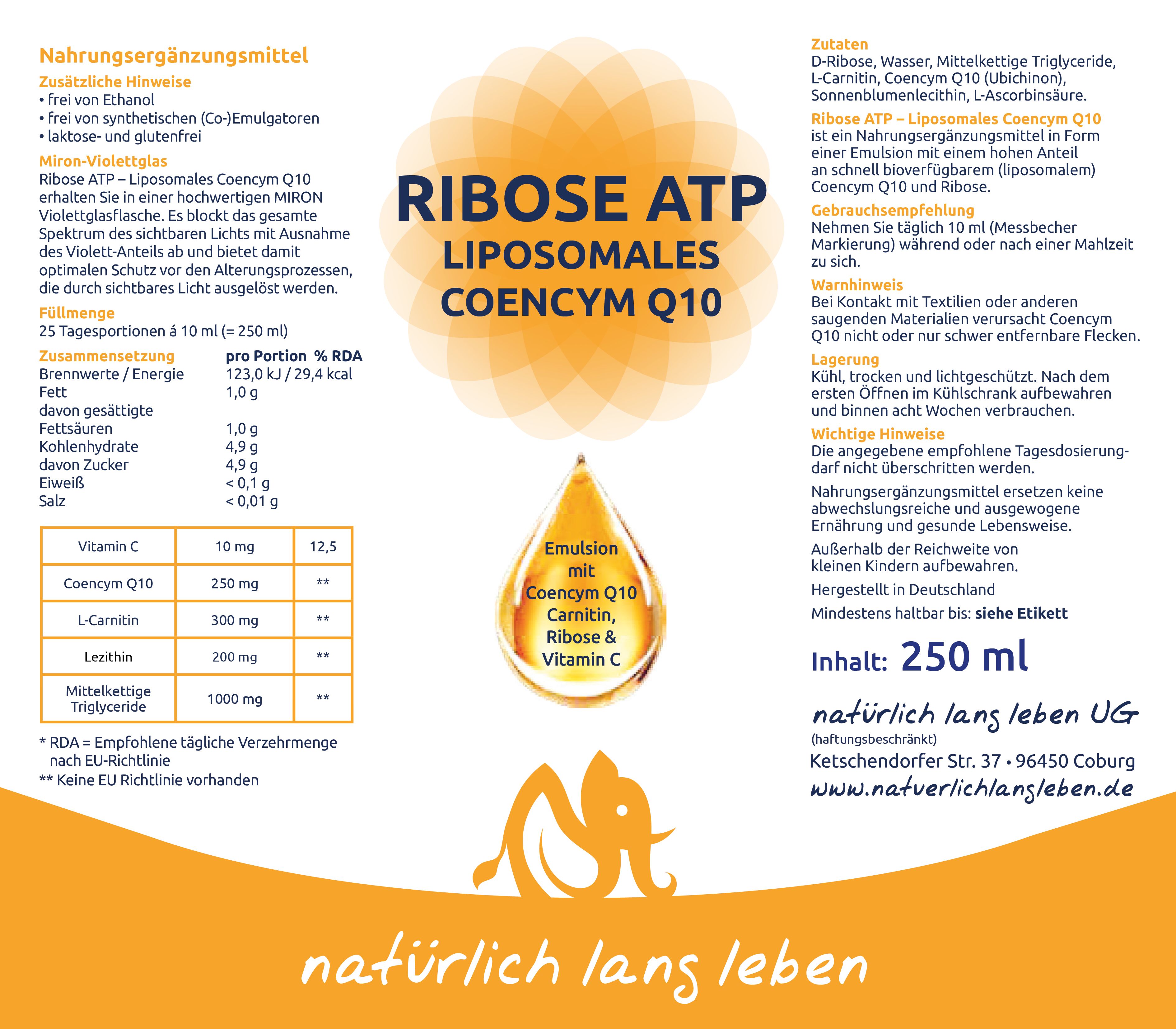 natürlich lang leben Liposomales Coenzym Q10 - Ribose ATP 250 ml Flüssigkeit