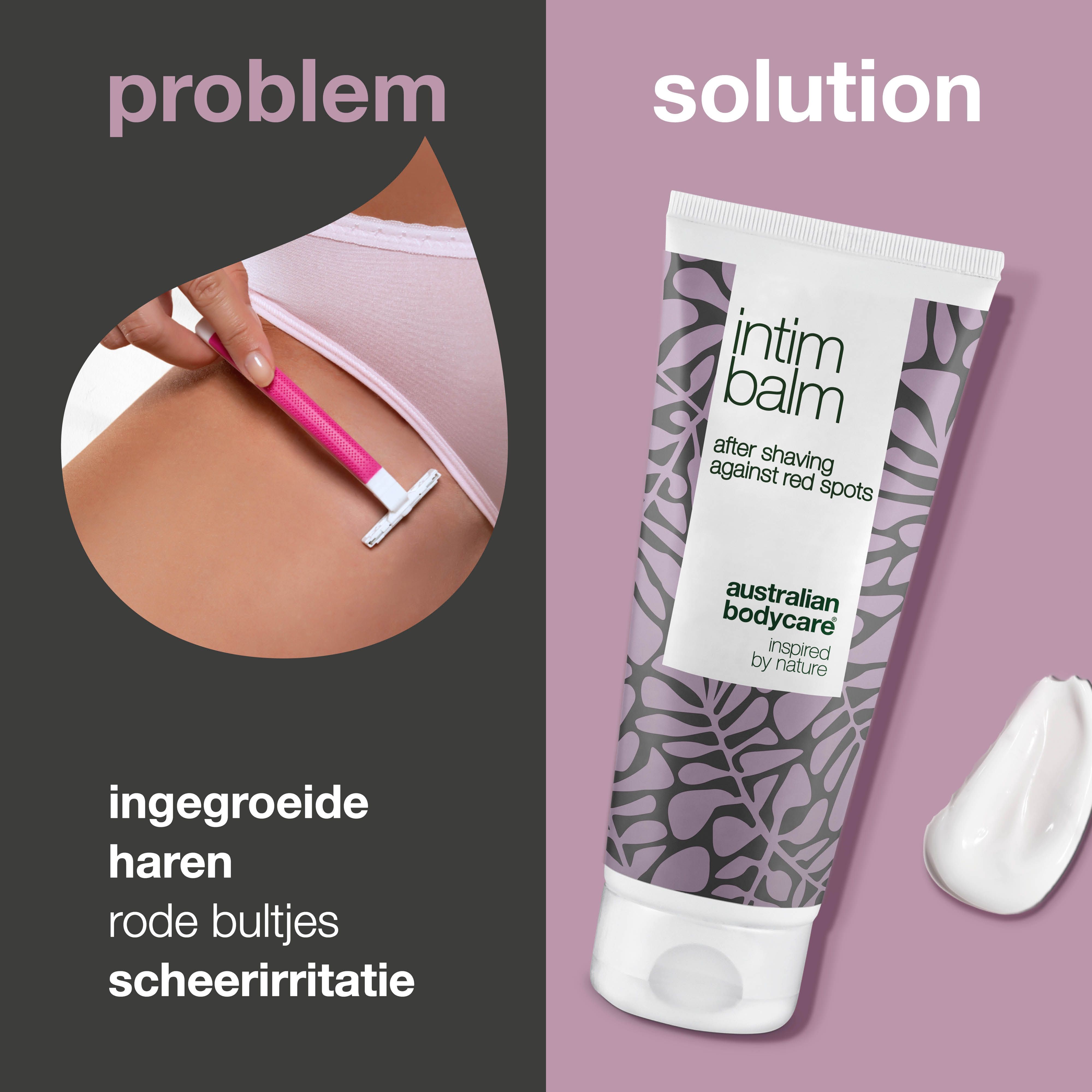 Verschillende personen met producten. Merk: Australian Bodycare. Producten: Intieme balsem, olie.