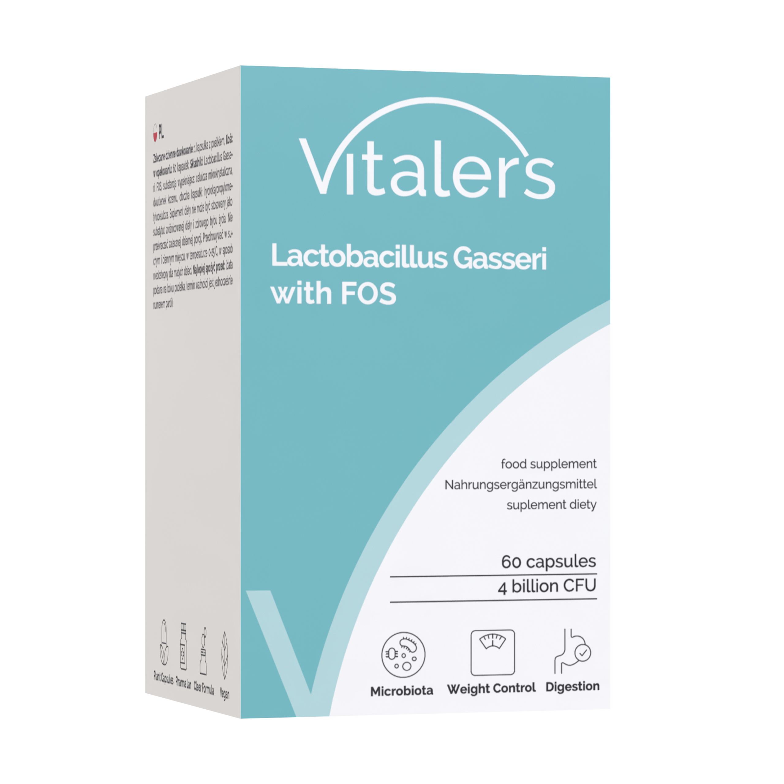 Vitaler's Lactobacillus Gasseri mit FOS: Kartonverpackung mit Produktinformationen und Symbolen für Mikrobiota, Gewichtskontrolle und Verdauung.