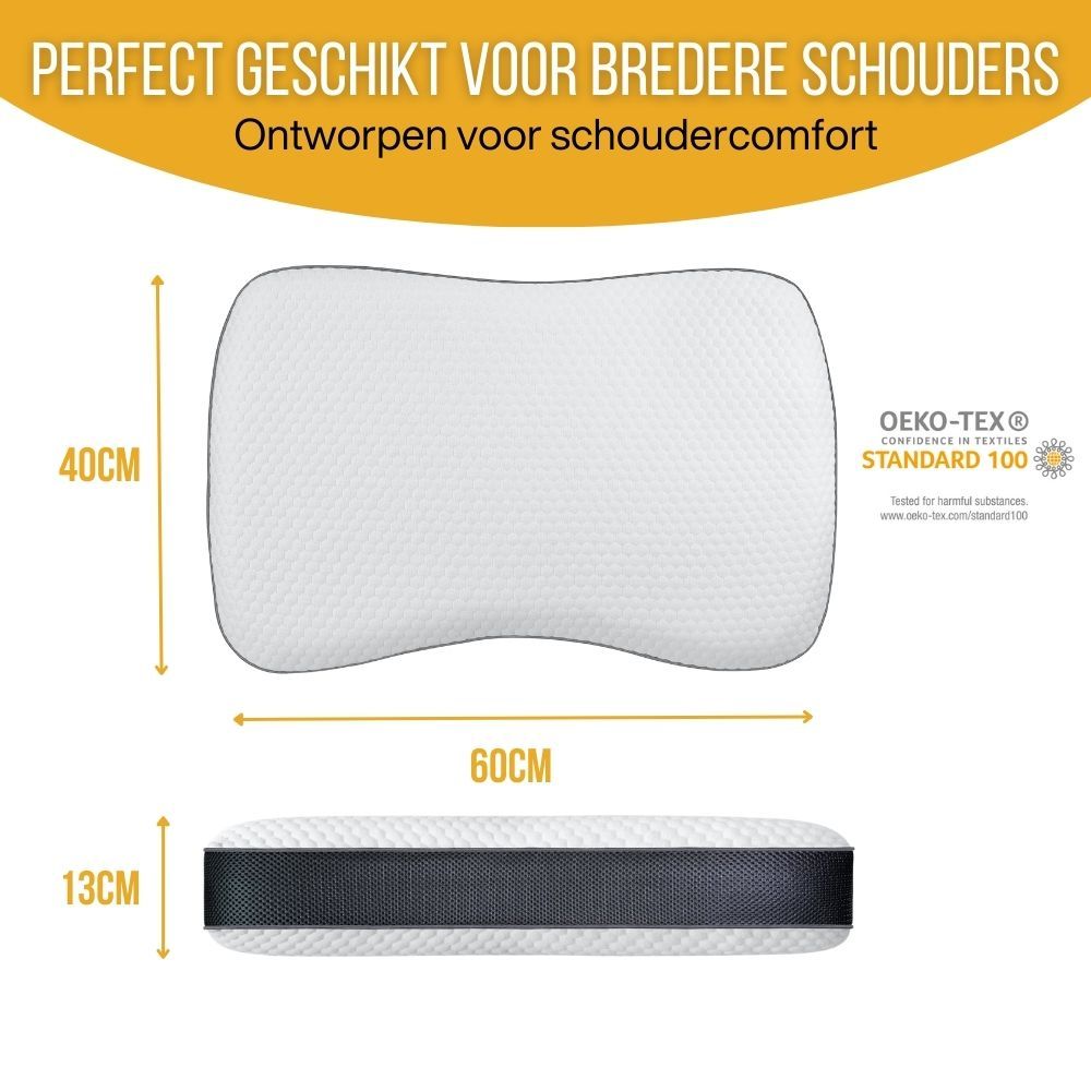 Ergonomisch kussen met witte en grijze zones. Labels: bamboe, traagschuim, 3D mesh.
