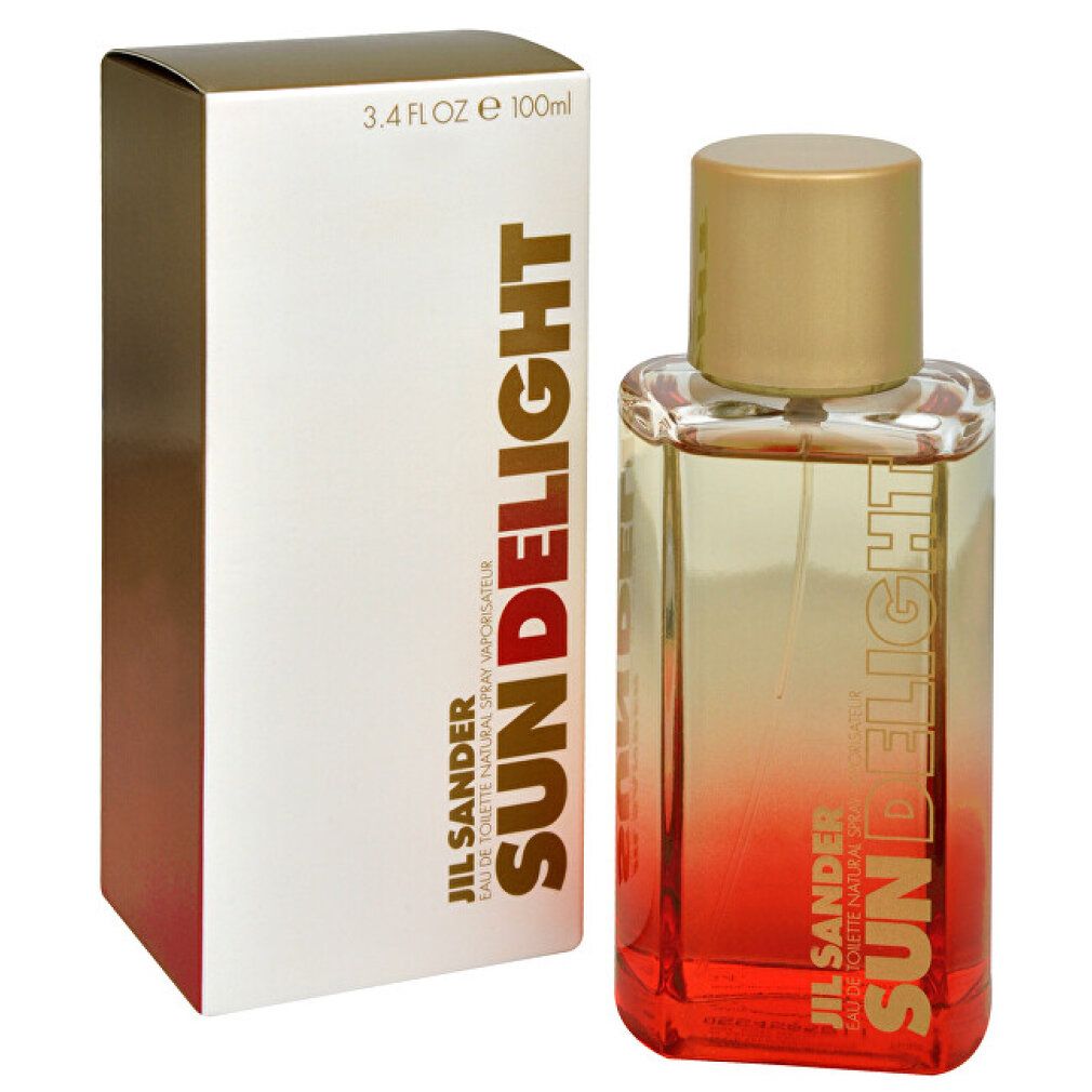 Flakon mit goldfarbenem Deckel und weißer Schachtel. Aufschrift SUN DELIGHT und JIL SANDER. Farbverlauf von gelb nach rot.