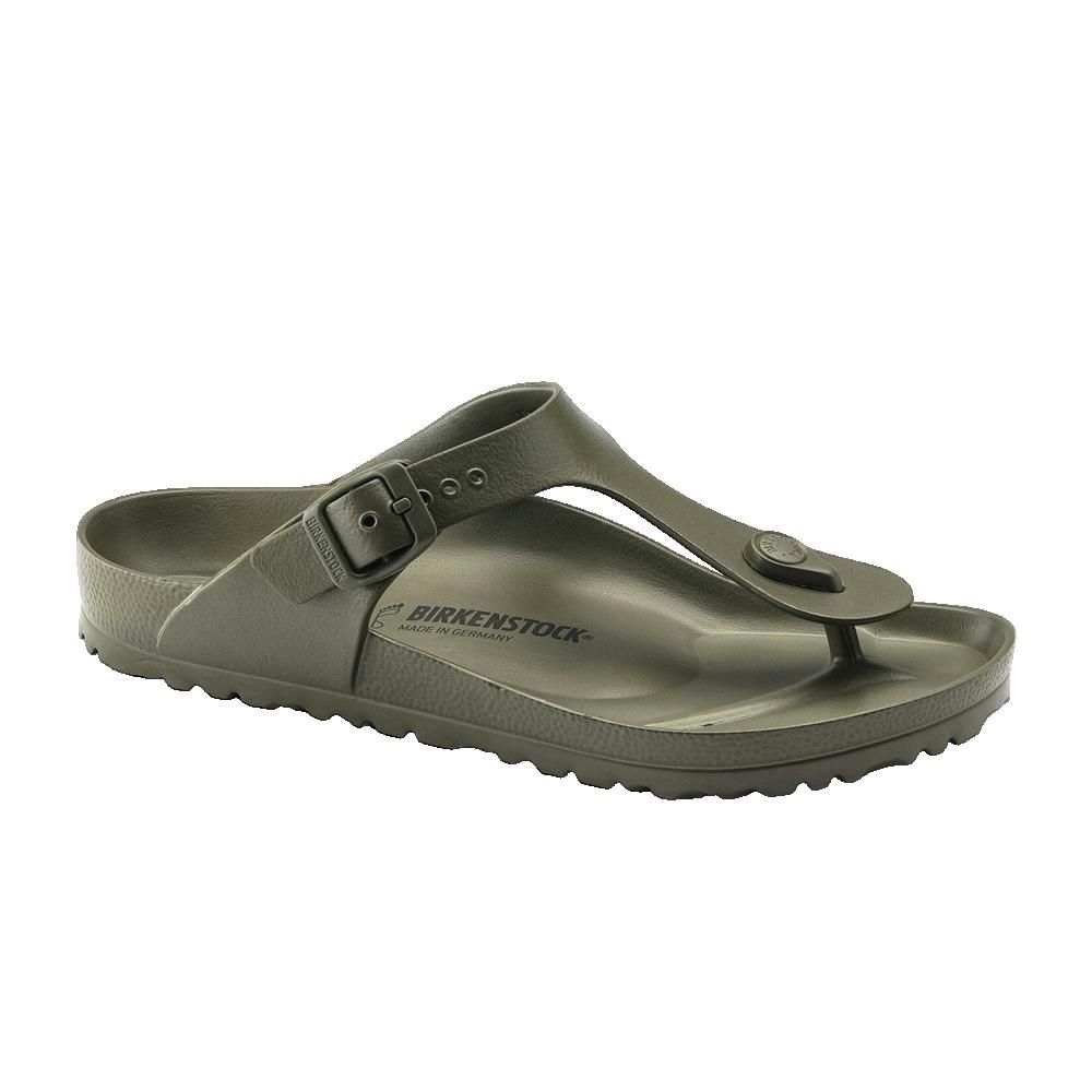 Sandalo Birkenstock Gizeh Eva, verde oliva. Fibbia. Marchio visibile.