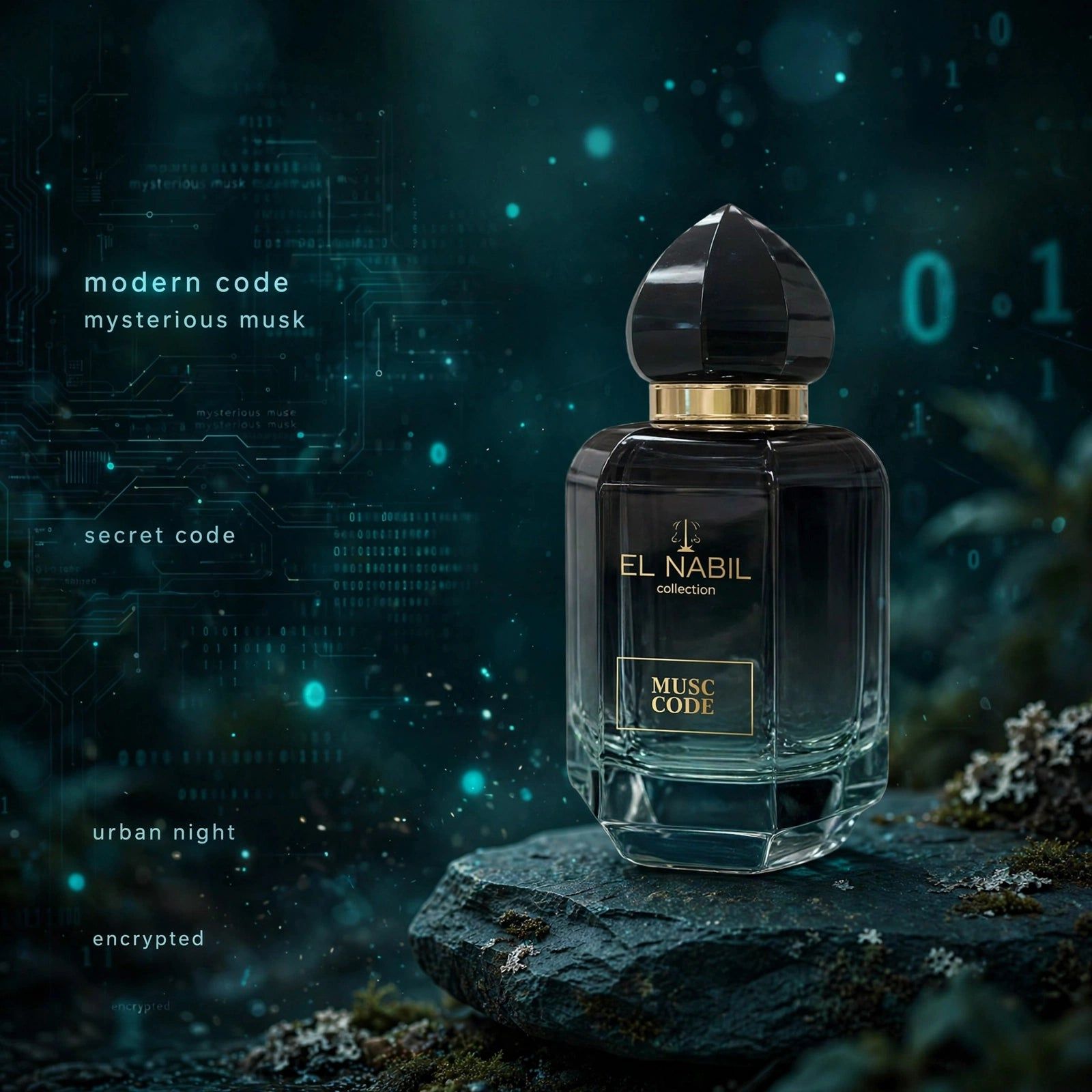 Schwarze Glasflasche mit goldenem Ring und schwarzem Verschluss. El Nabil Musc Code Eau de Parfum.