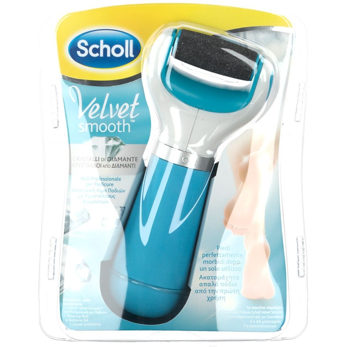 Rullo per piedi elettrico in confezione. Dispositivo blu e bianco con rullo nero. Marchio Scholl, scritta Velvet Smooth.