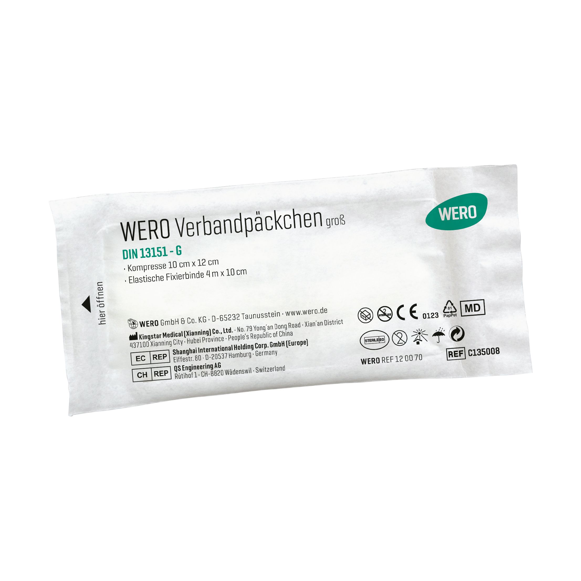 Verbandpäckchen in weißer Verpackung. Aufdruck: WERO, DIN 13151-G, Kompresse 10 x 12 cm, elastische Fixierbinde 4 m x 10 cm.