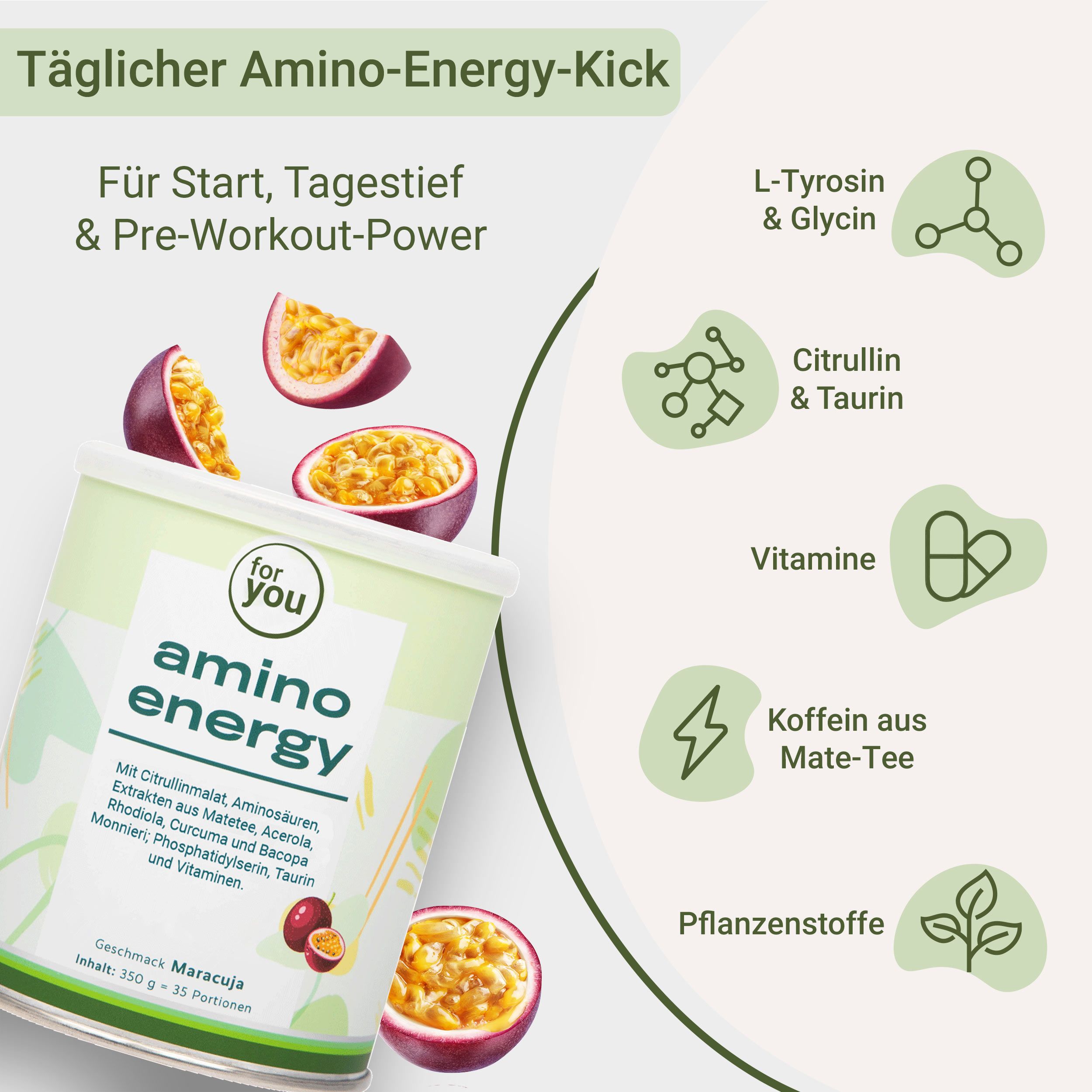 Dose "for you amino energy" mit Passionsfrüchten. Inhaltsstoffe und Vorteile des Produkts werden grafisch dargestellt.