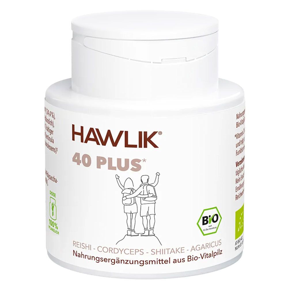 Weiße Dose mit Deckel. Aufschrift: HAWLIK 40 PLUS. Illustration von zwei Personen. Bio-Siegel. Text: Nahrungsergänzungsmittel aus Bio-Vitalpilz.