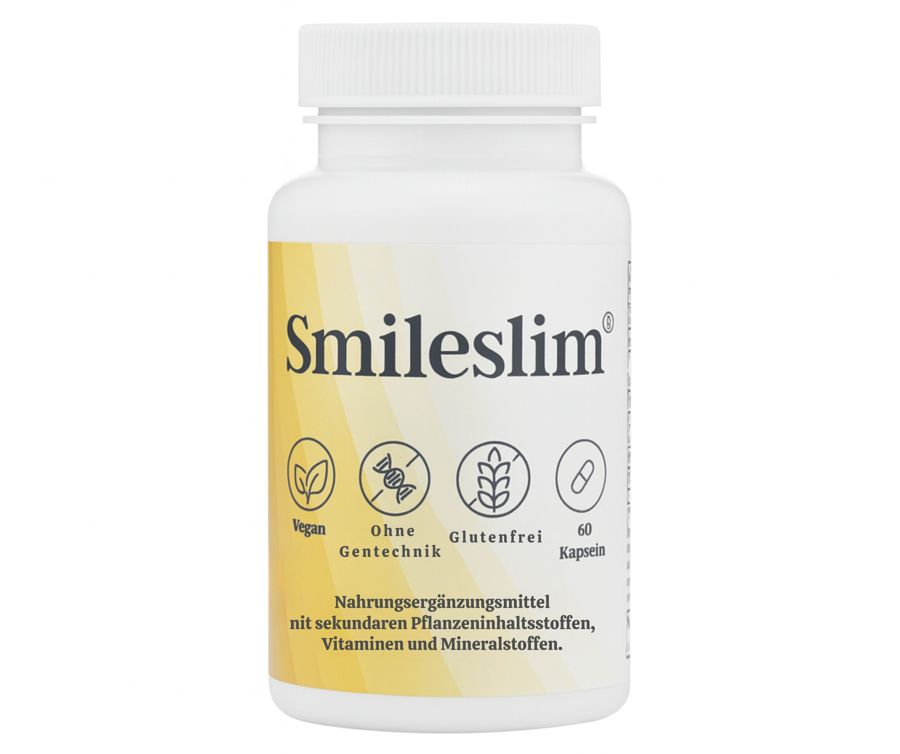 Weiße Flasche mit "Smileslim"-Aufdruck. Enthält 60 Kapseln. Vegan, glutenfrei, ohne Gentechnik. Nahrungsergänzungsmittel.