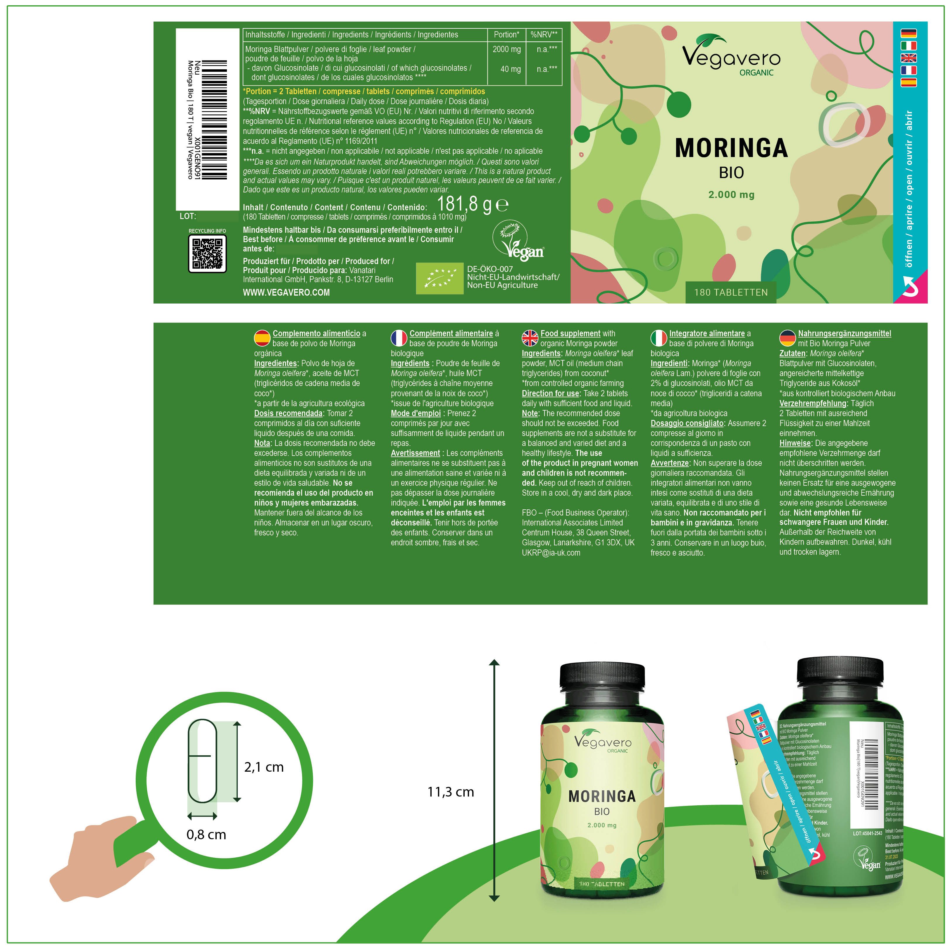 Etichetta con informazioni su Moringa BIO. Flacone con compresse e dimensioni. 2,1 x 0,8 cm. 11,3 cm di altezza.