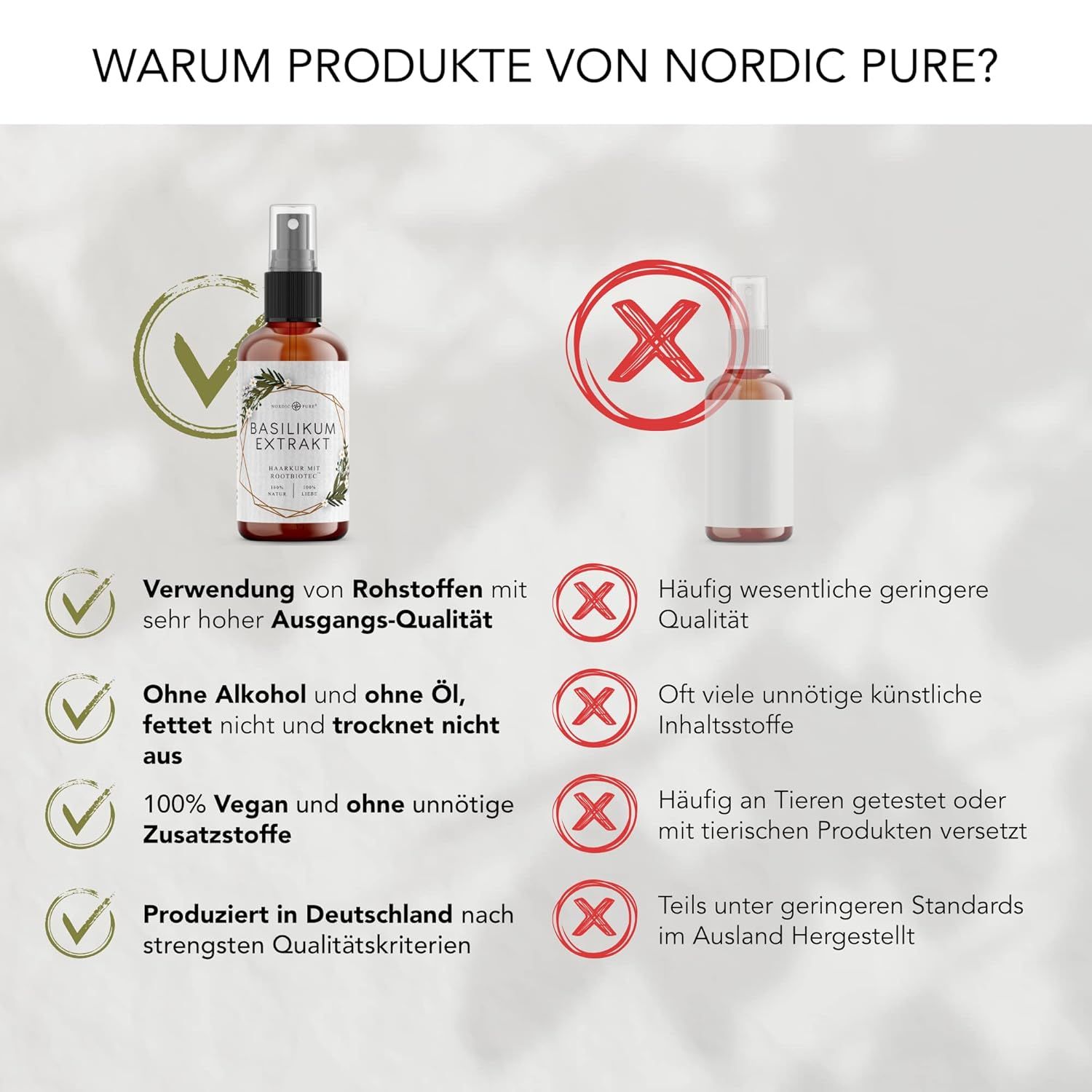 Vergleich: Nordic Pure Produkte vs. andere. Vorteile: hochwertige Rohstoffe, ohne Öl/Alkohol, vegan, hergestellt in Deutschland. Nachteile: andere Produkte.