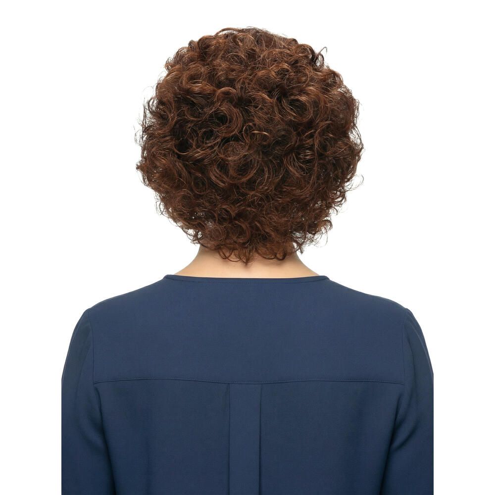 Rückansicht einer braunen Perücke mit Locken. Weißer Hintergrund.