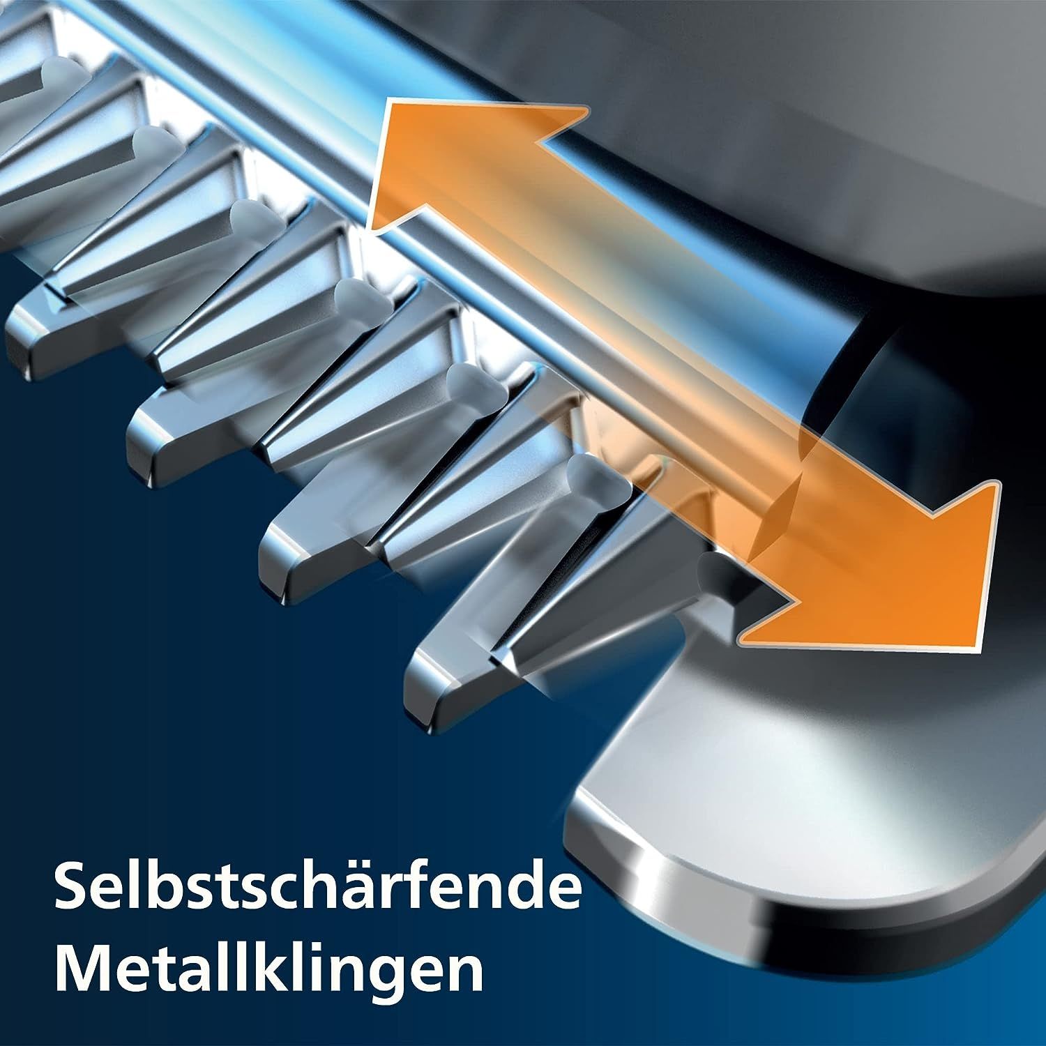 Nahaufnahme der selbstschärfenden Metallklingen eines Trimmers. Pfeile zeigen die Schneidrichtung an. Blauer Hintergrund.