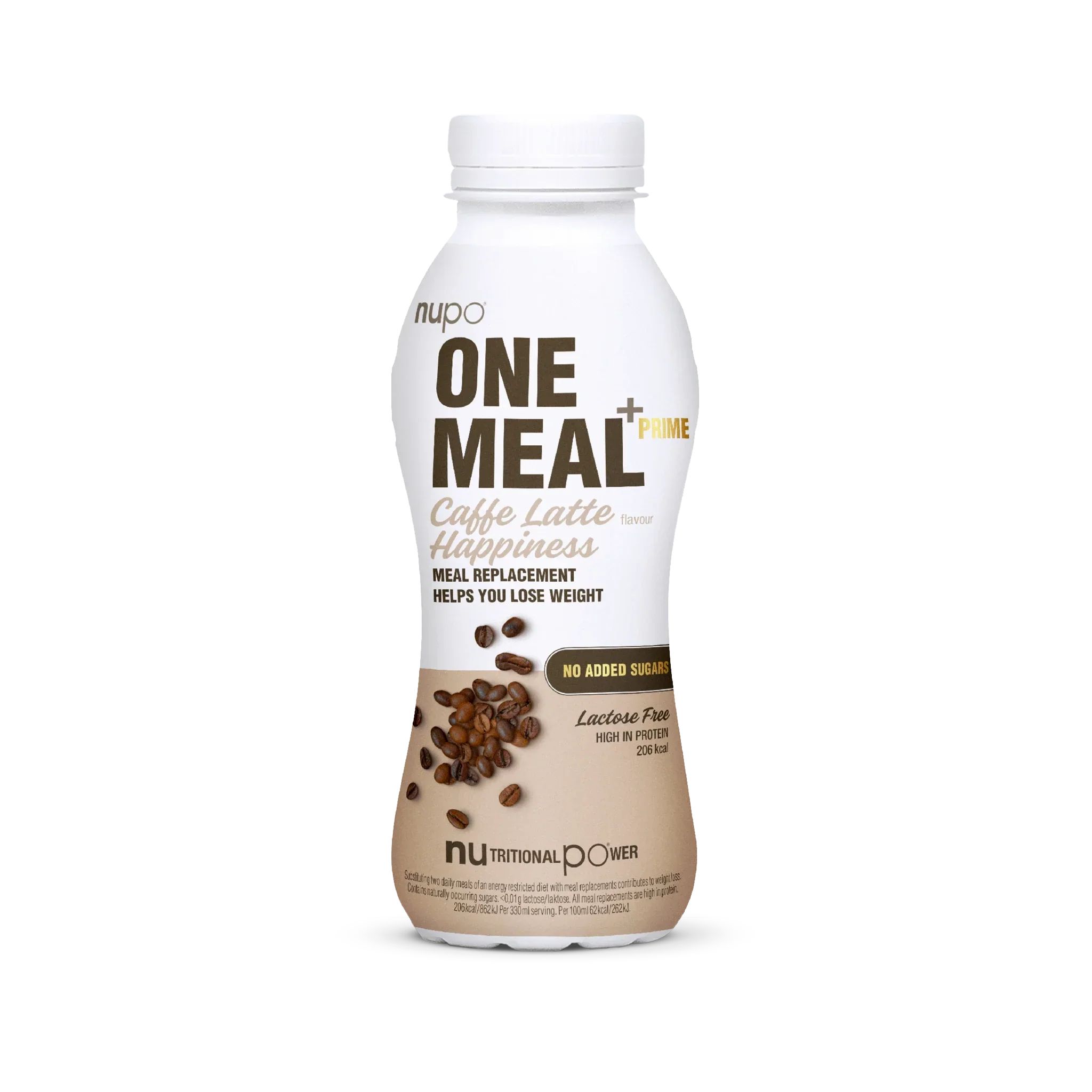 Nupo One Meal +Prime Shake Caffe Latte Happiness. Flasche mit Text. Ohne Zuckerzusatz. Lactose Free. Nutritional Power.