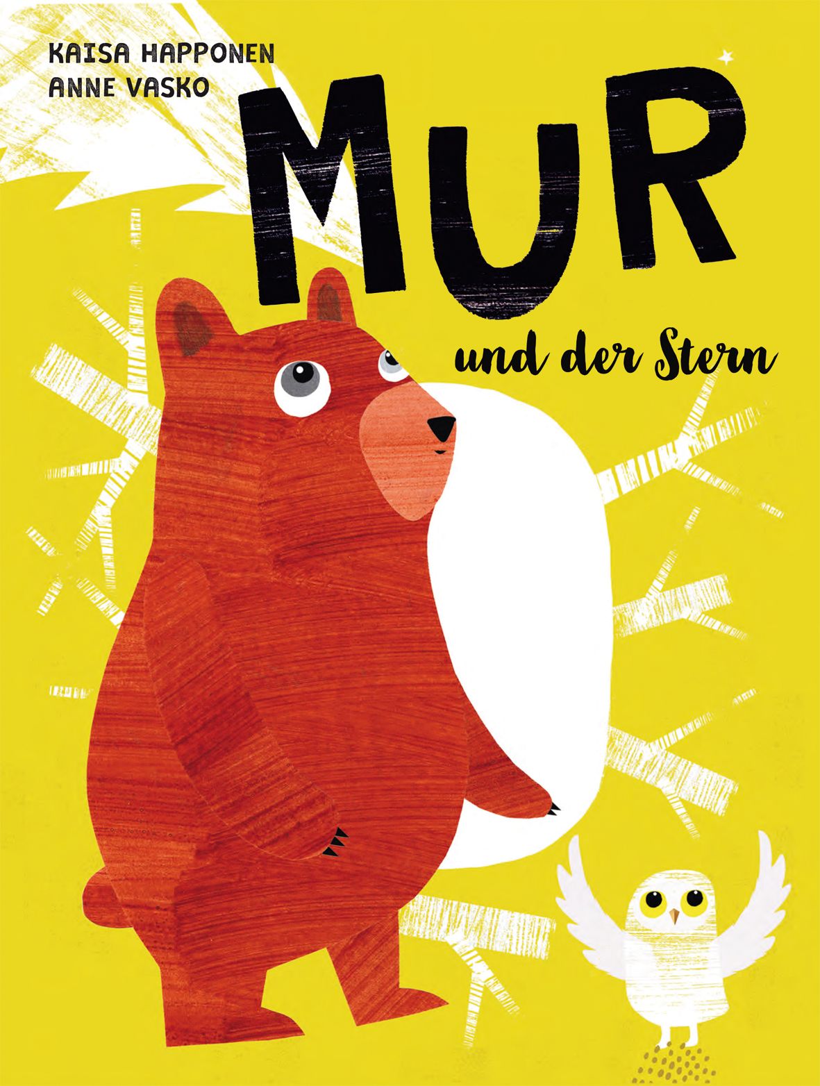 Buchcover mit Bär, Eule und Titel "MUR und der Stern". Gelber Hintergrund, Illustrationen im Comic-Stil.