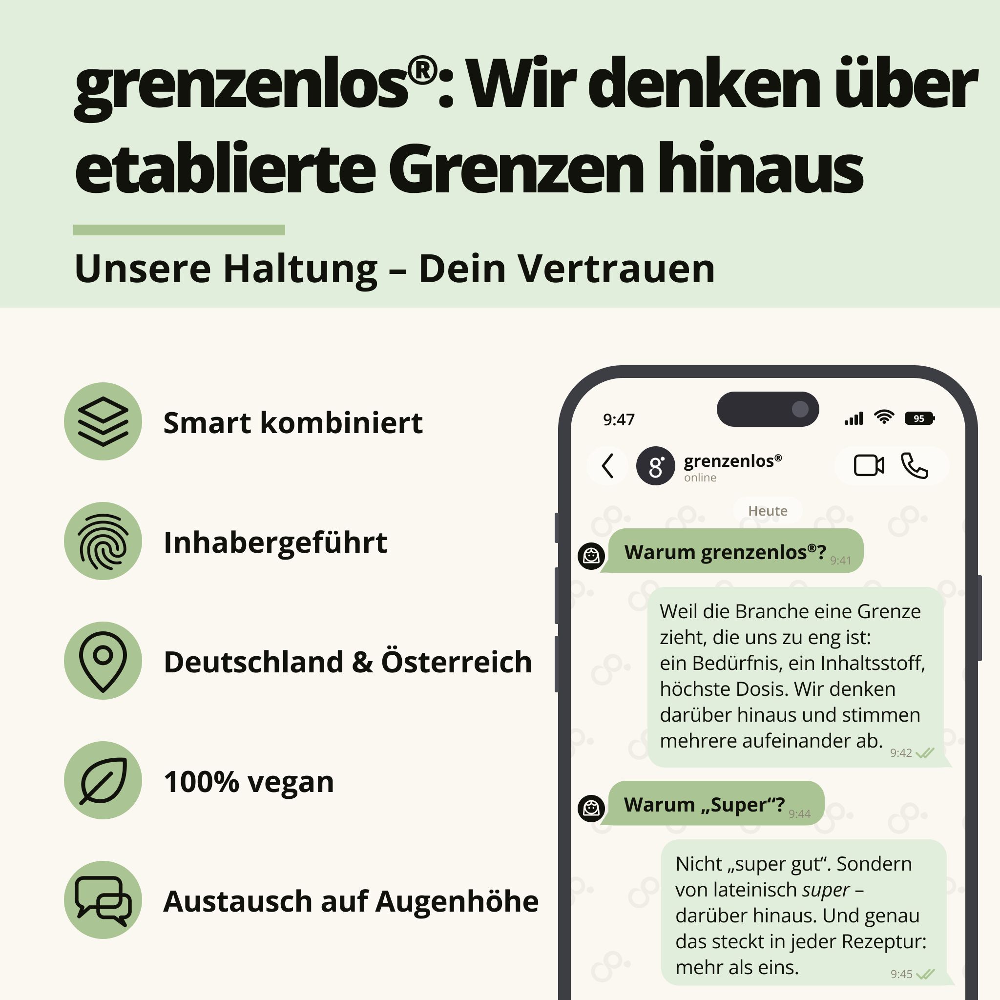 Smartphone-Chat-Verlauf mit Erklärungen zu "grenzenlos" und "Super". Icons für "Smart kombiniert", "Inhabergeführt", "100% vegan".