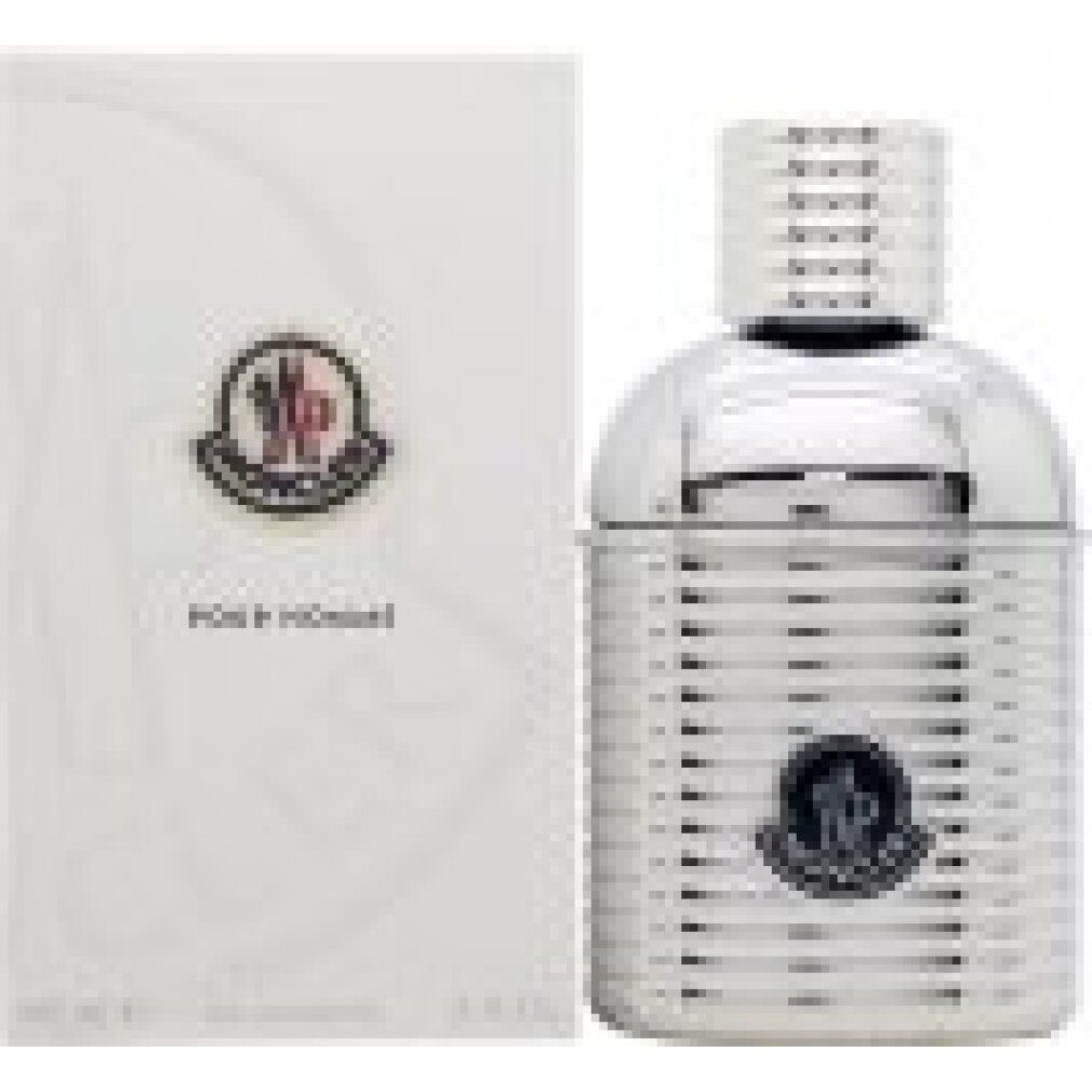 Silberfarbener Flakon und Verpackung. Moncler-Logo und Schriftzug. Pour Homme Eau de parfum.