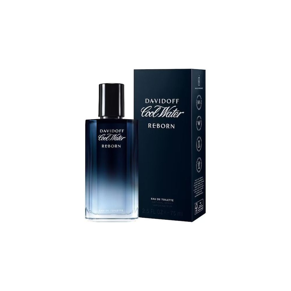 Davidoff Cool Water Reborn Man EdT Nat. Spray. Flakon und Verpackung. Blau-schwarze Farbverlauf. Schwarzer Deckel.