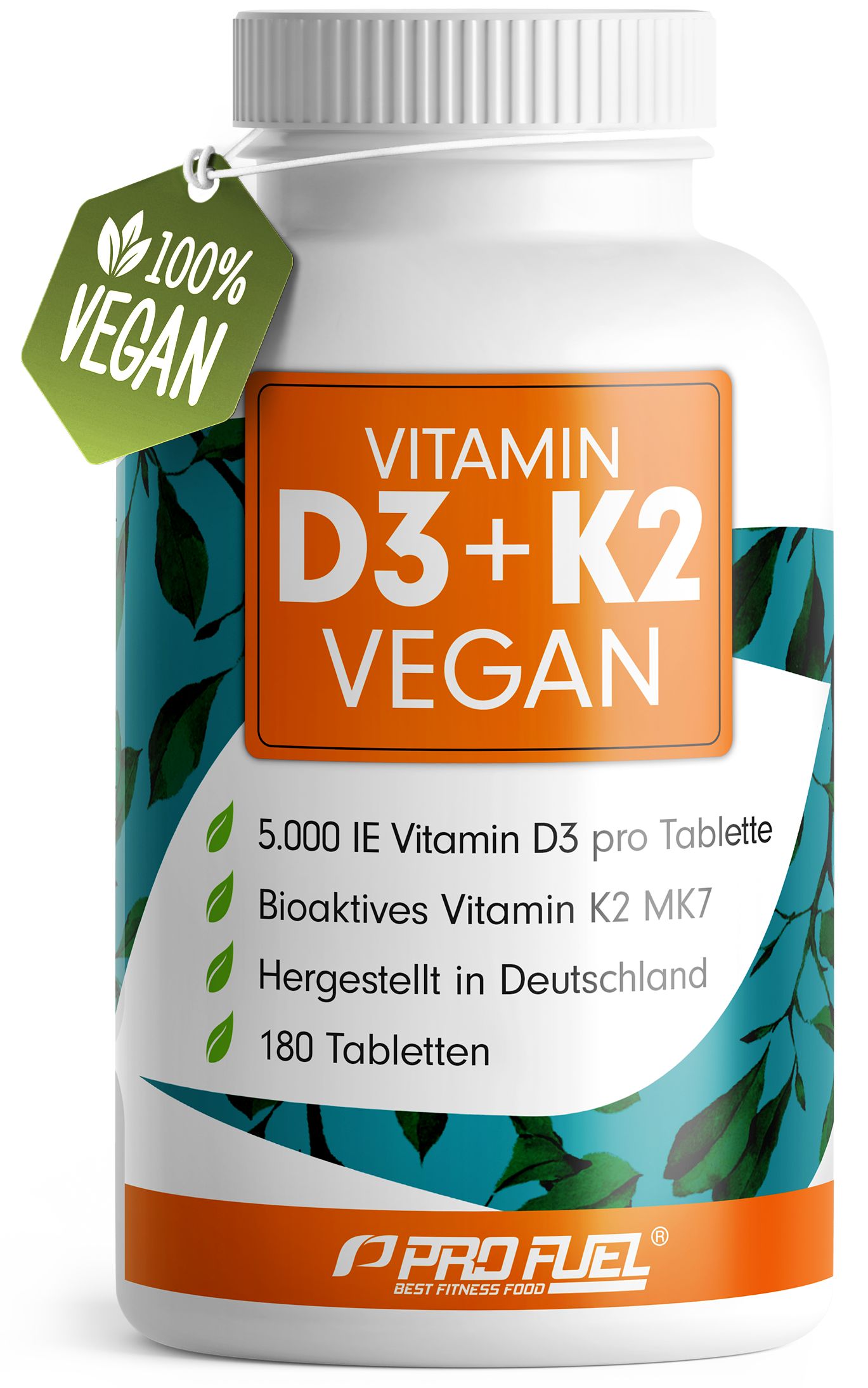 Weiße Flasche mit Vitamin D3+K2 Vegan Tabletten. Orangefarbenes Etikett mit Produktinformationen. Vegan-Siegel.