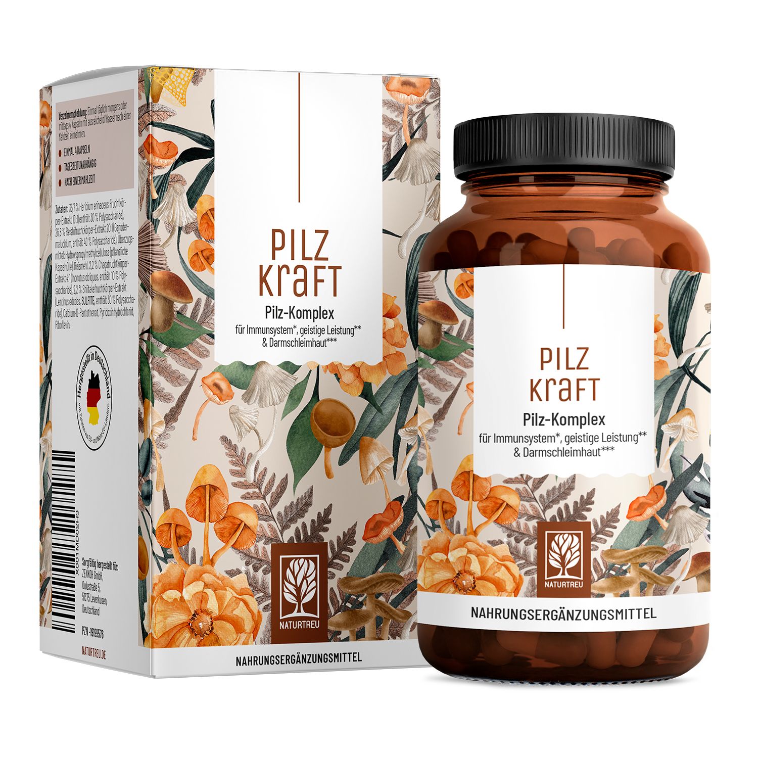 Braune Kapselverpackung und Karton mit Pilz-Motiven. Enthält Pilz-Komplex Nahrungsergänzungsmittel.