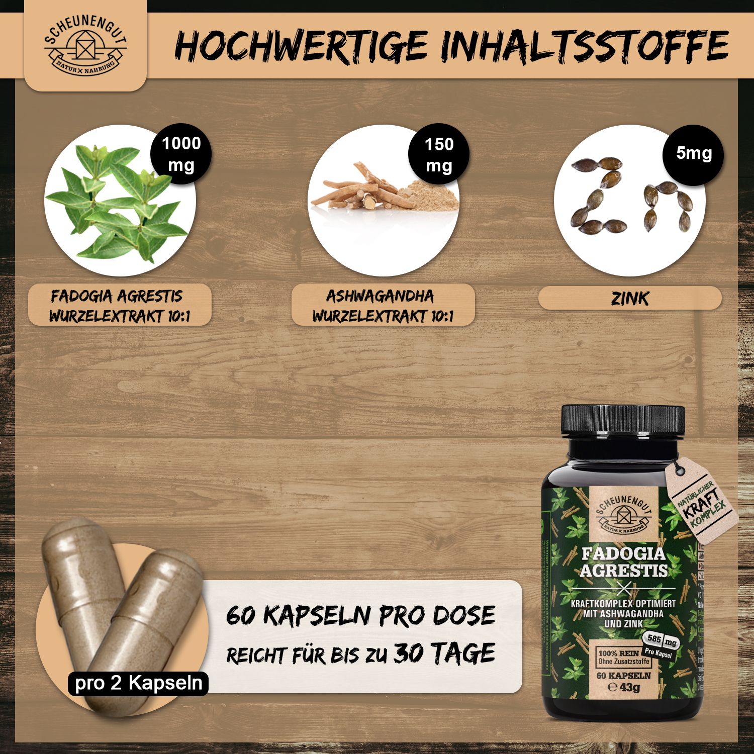 Scheunengut® Fadogia Agrestis | Hochdosierter 10:1 Extrakt optimiert mit Ashwagandha und Zink 60 St Kapseln