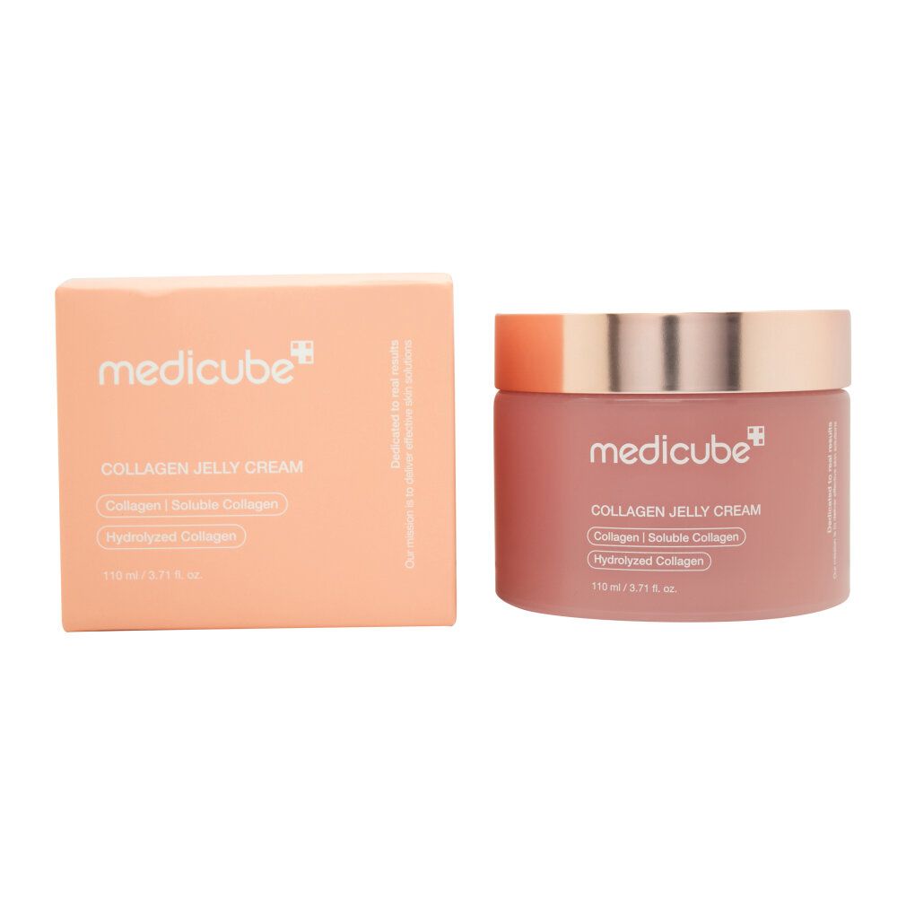 Medicube Collagen Jelly Cream Tiegel und Verpackung nebeneinander auf weißem Hintergrund.