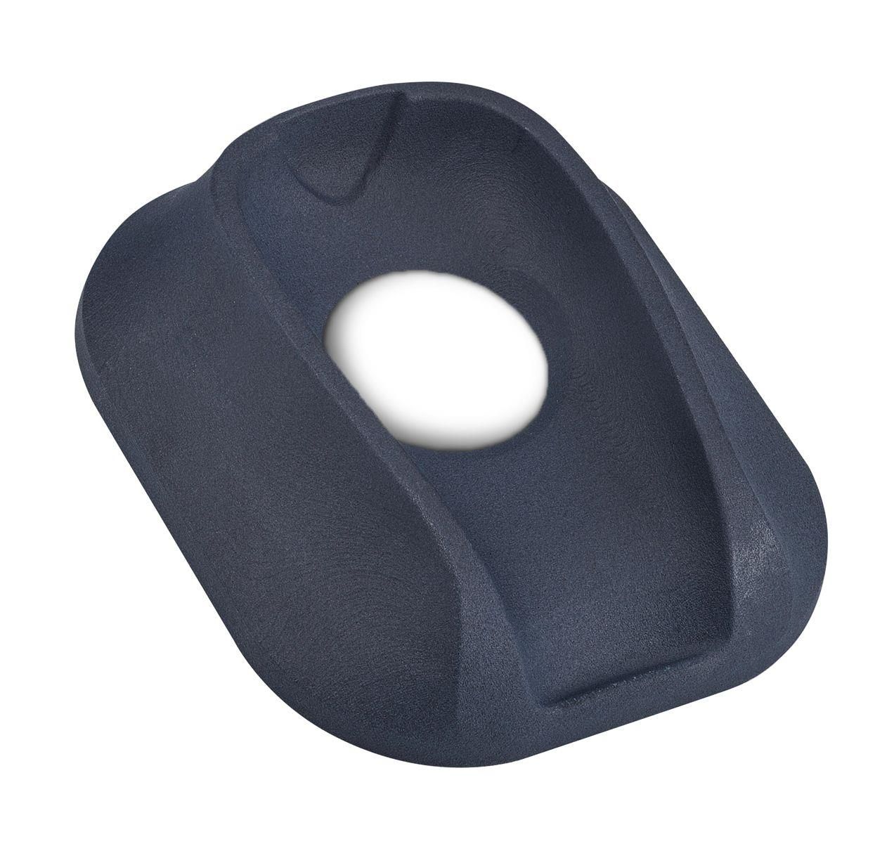 Dunkelblaue, ergonomisch geformte Halterung mit ovaler Öffnung. Oberseite mit leichter Vertiefung.