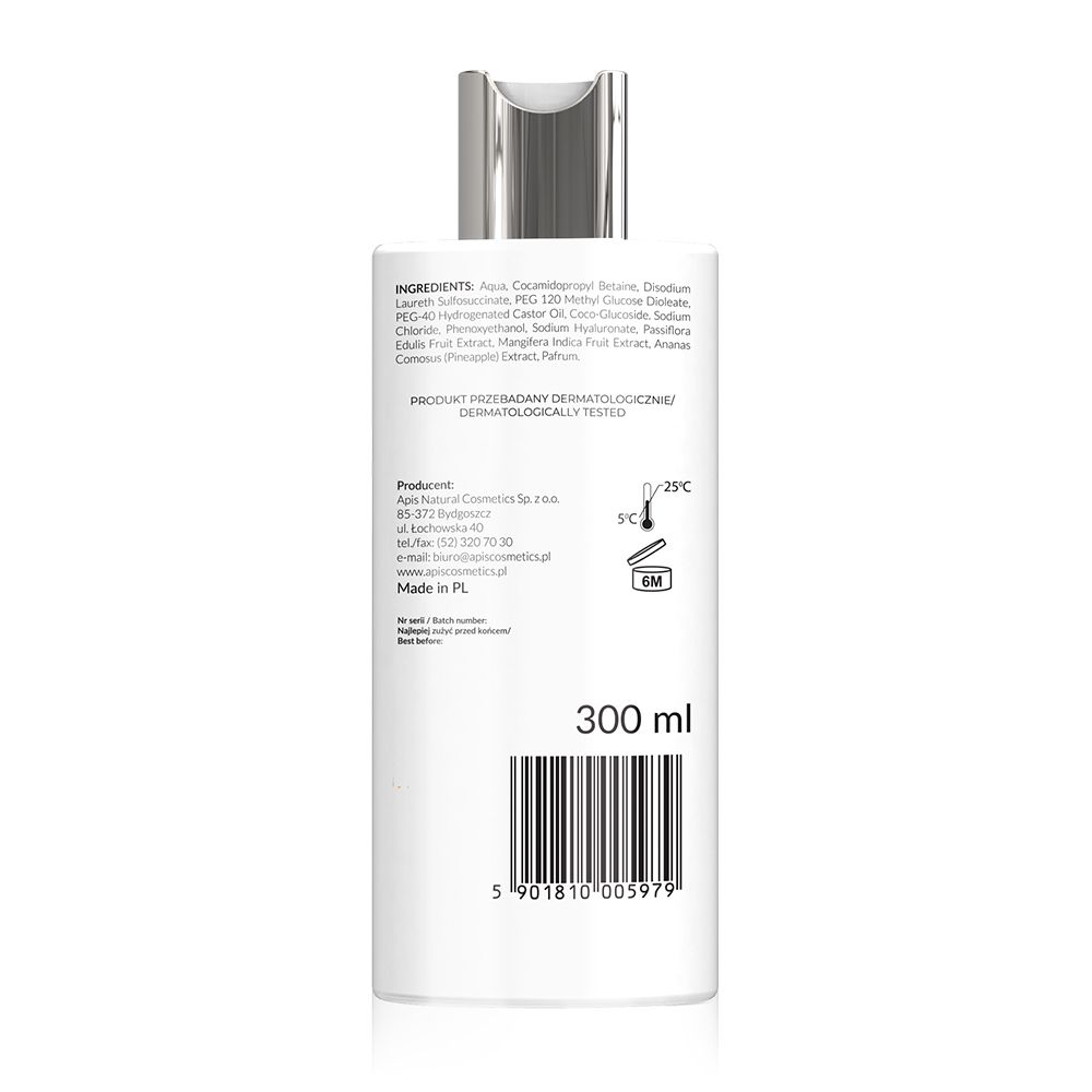 Rückseite der Duschgelflasche. Enthält Inhaltsstoffe, Herstellerinformationen, Barcode und 300 ml.