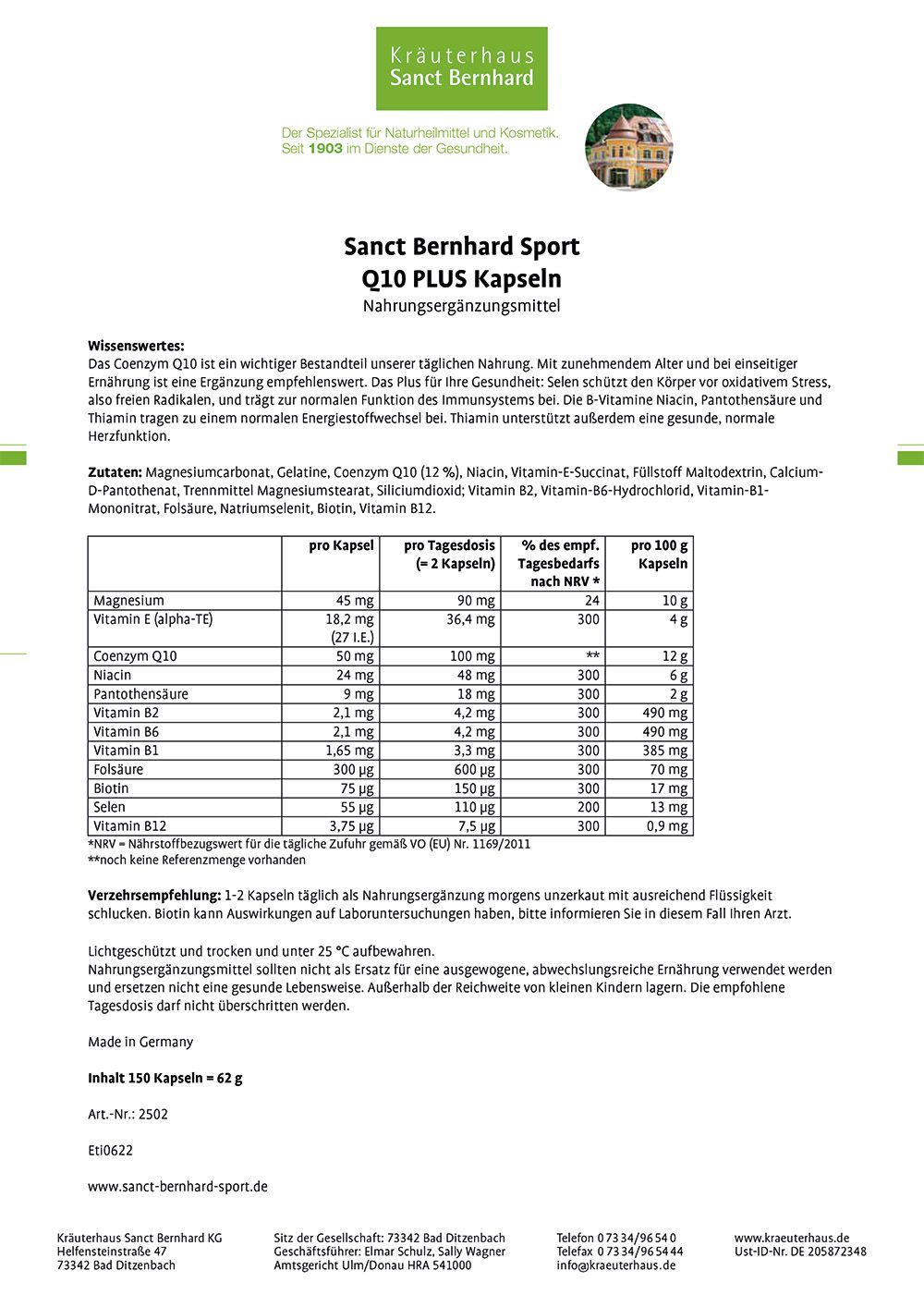 Weißes Blatt mit Tabellen. Überschrift: Sanct Bernhard Sport Q10 PLUS Kapseln. Enthält Nährwertangaben und Inhaltsstoffe.