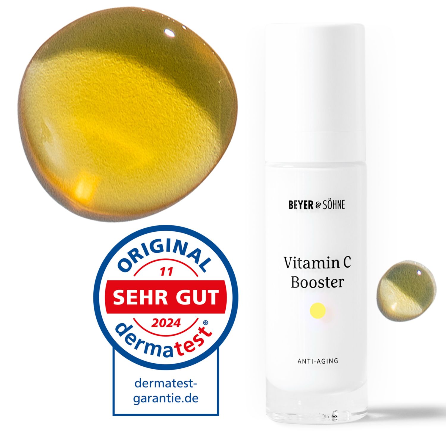 Serumflakon mit 'Vitamin C Booster'. Siegel: 'SEHR GUT' von Dermatest.
