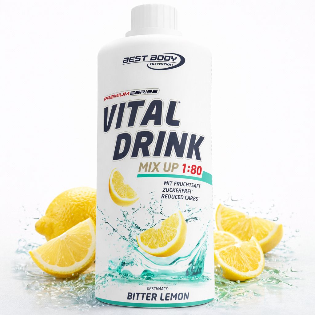 Best Body Vital Drink Bitter Lemon: Mit Fruchtsaft, zuckerfrei, reduziert Kohlenhydrate. Mischungsverhältnis 1:80.