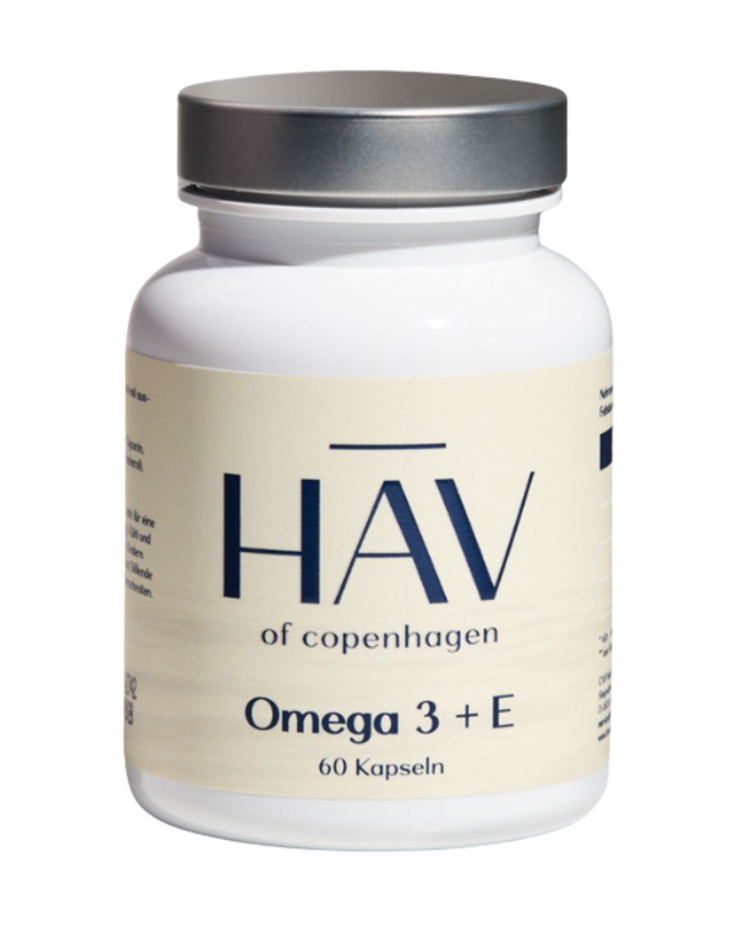 Weiße Flasche mit HAV Omega 3 + E, 60 Kapseln. Silberner Deckel. Beige Etikett mit schwarzer Schrift.