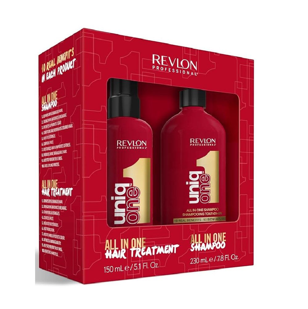 Geschenkset mit zwei roten Flaschen. Aufschrift: Revlon Professional UniqOne. All in One Hair Treatment und Shampoo.
