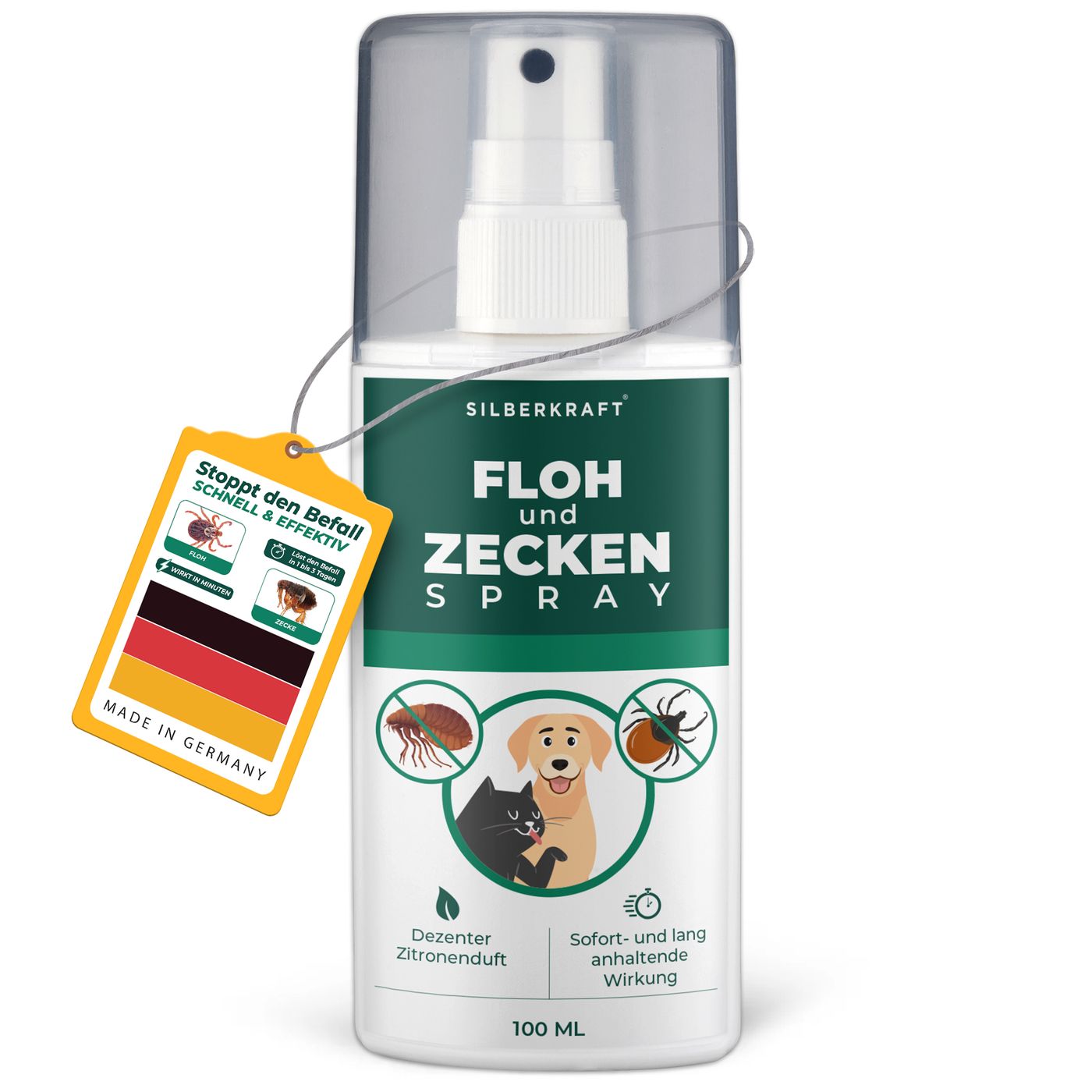 Weiße Sprühflasche mit Etikett. SILBERKRAFT Floh- & Zeckenspray für Hunde und Katzen. Anhänger mit Informationen. Made in Germany.