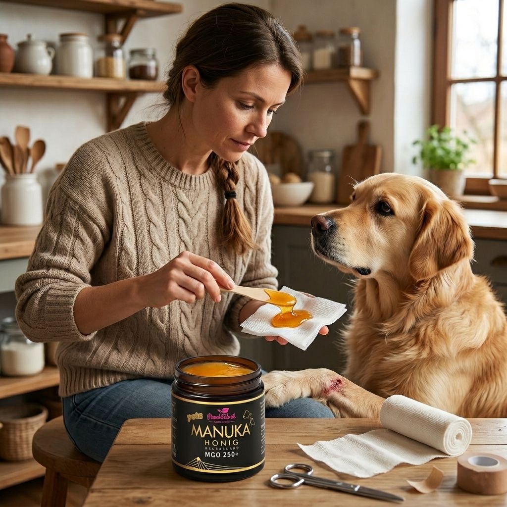 Frau füttert Hund mit Honig. Honig auf Verband. Aufschrift: PowerFabrik Manuka Honig, MGO 250+.