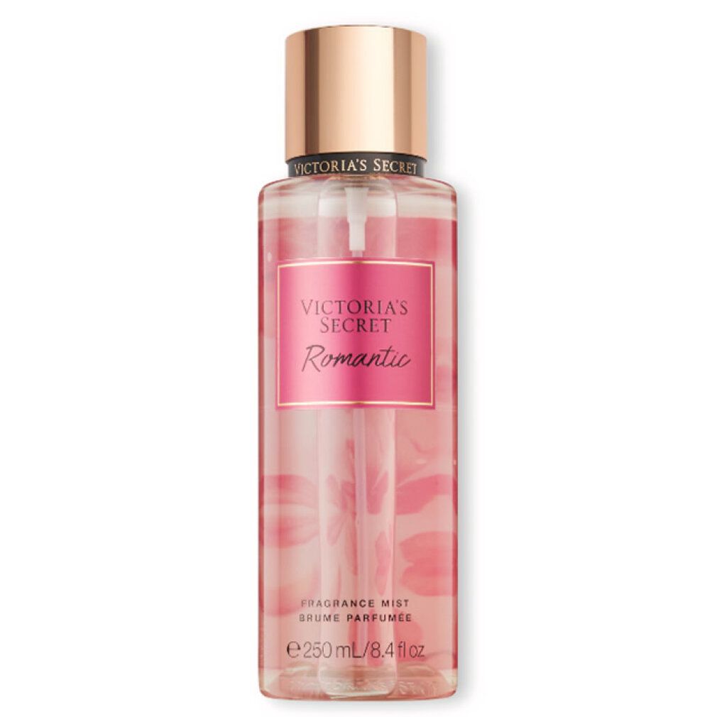 Rosafarbene Flasche mit Sprühkopf. Aufkleber mit "Victoria's Secret Romantic". Text: "Fragrance Mist".