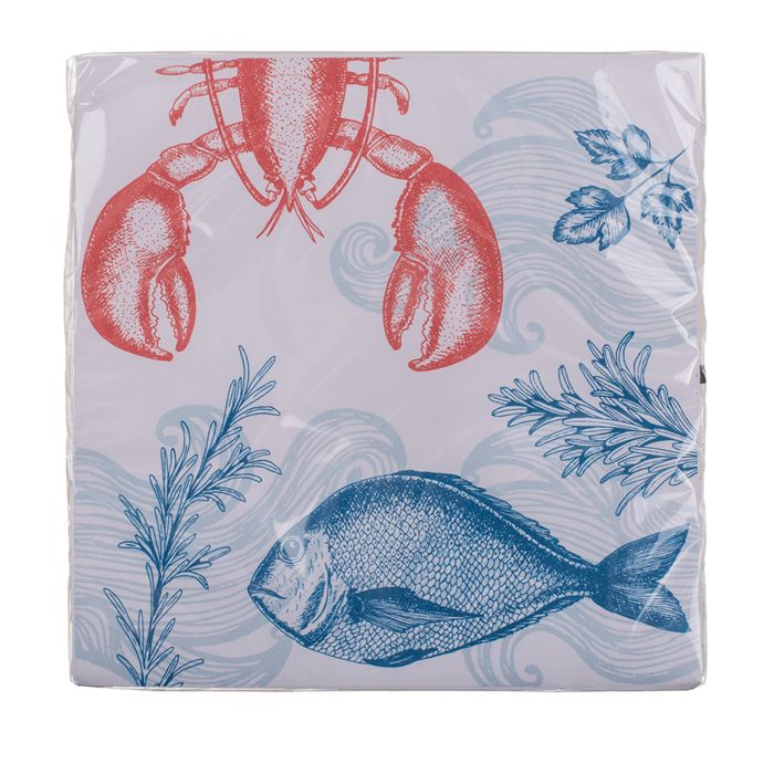 Quadratische Papierservietten mit Hummer, Fisch und Meeresmotiven. In transparenter Folie verpackt.