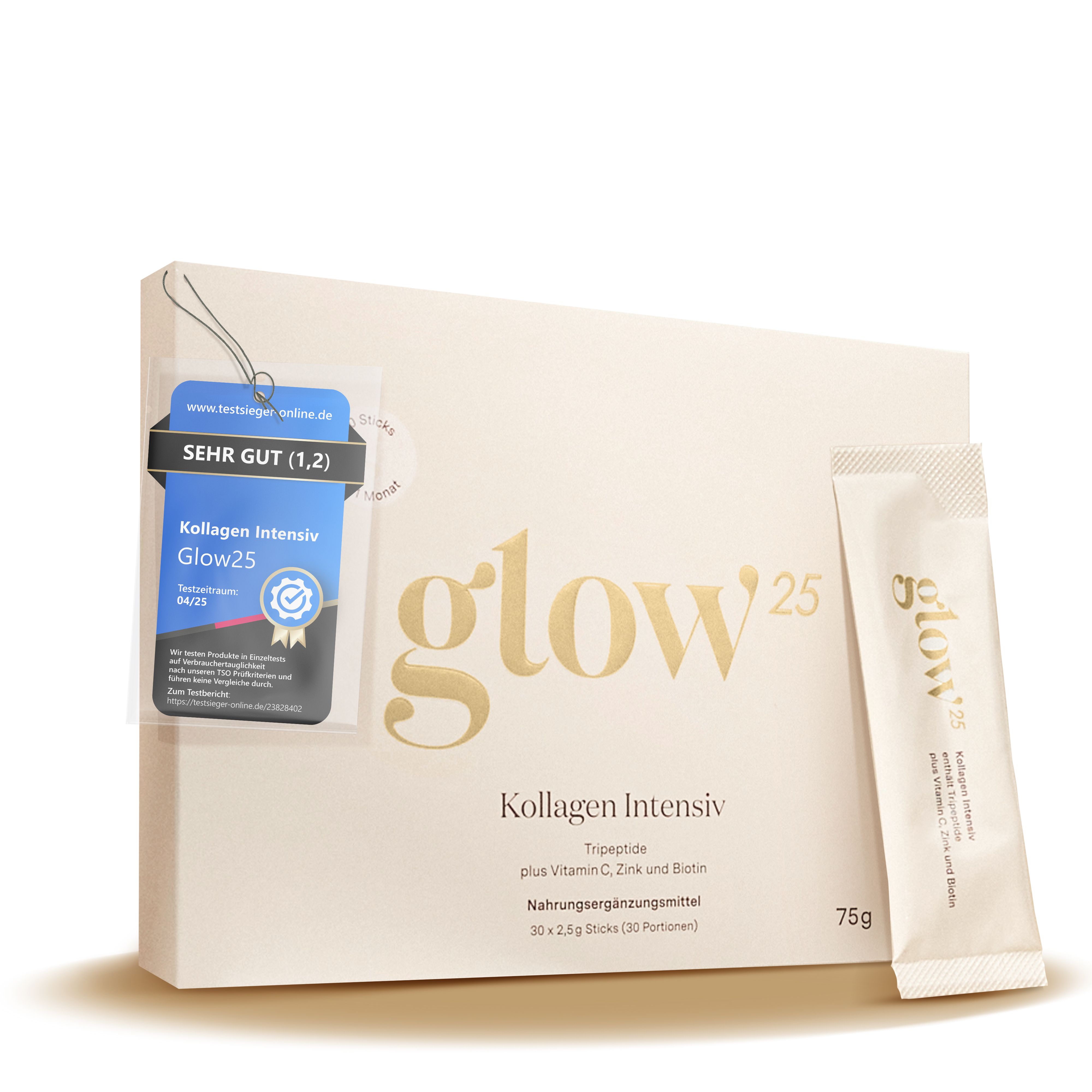 Glow25-Schachtel mit Anhänger und Stick. Enthält Kollagen Intensiv. 75g. Sehr gut (1,2) bewertet.