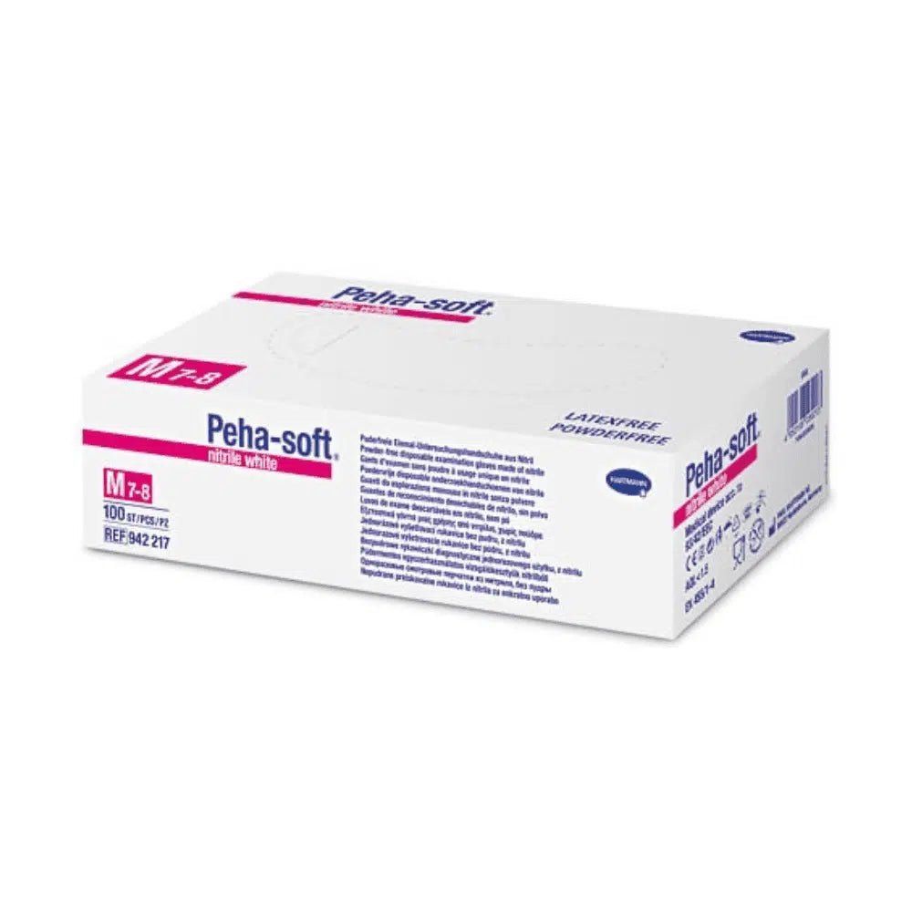 Weiße Box mit Aufschrift Peha-soft, Nitril, latex- und puderfrei. Größe M 7-8. 100 Stück.