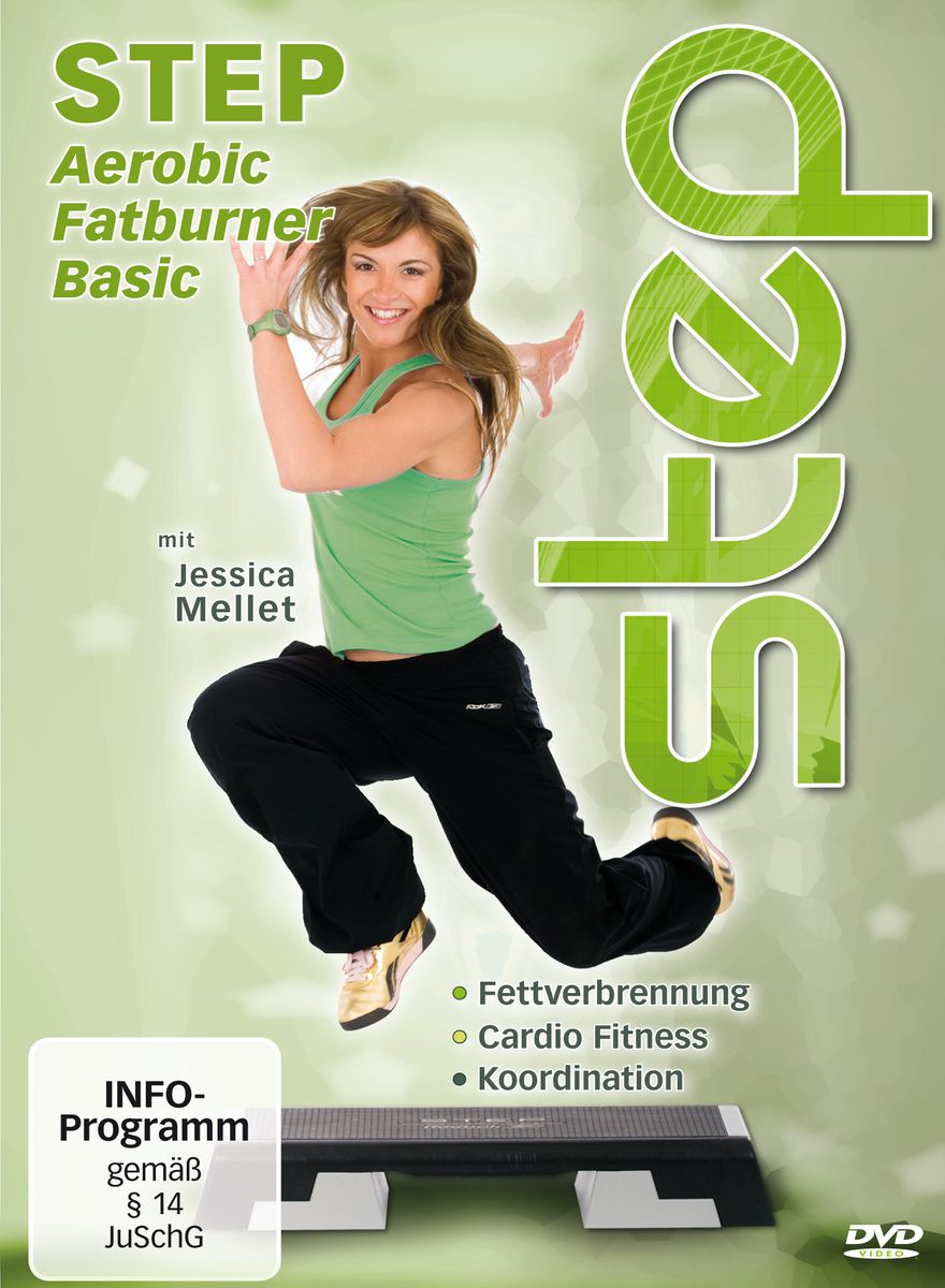 DVD "STEP Aerobic Fatburner Basic". Frau auf Step, grüne Schrift. Fettverbrennung, Cardio Fitness, Koordination. Info-Programm gemäß § 14 JuSchG.