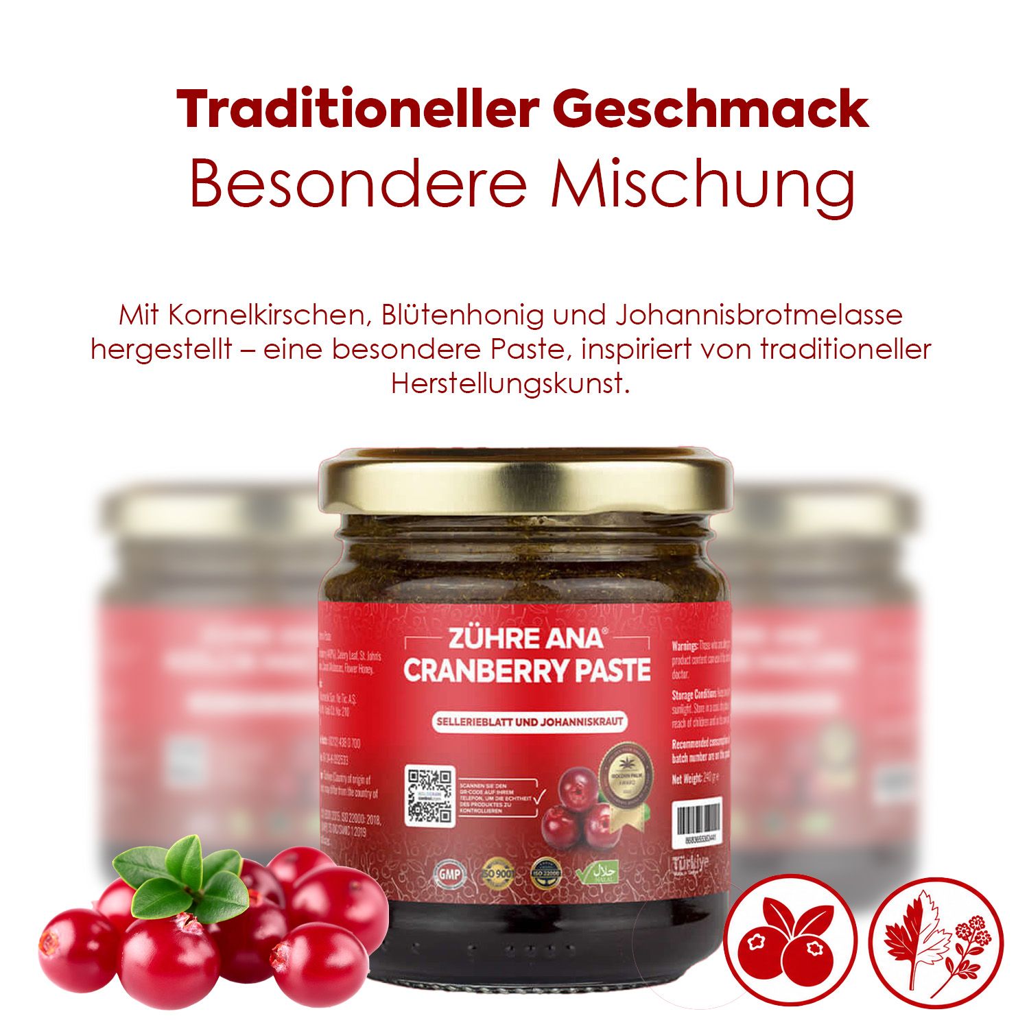 Glas Zühre Ana Cranberry Paste mit Cranberries und Kräutern.