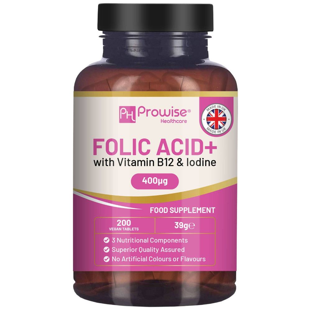 Braune Flasche mit rosa Etikett. Enthält Folsäuretabletten. Aufschrift: Folic Acid+ mit Vitamin B12 & Jod. 400µg. 200 vegane Tabletten.