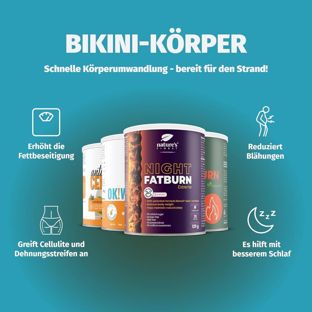 Drei Dosen Nature's Finest Bikini Body. Aufschrift: Night Fatburn, OK! Water Out, Anti Cellulite. Icons: Fettabbau, Blähungen reduzieren, besserer Schlaf.