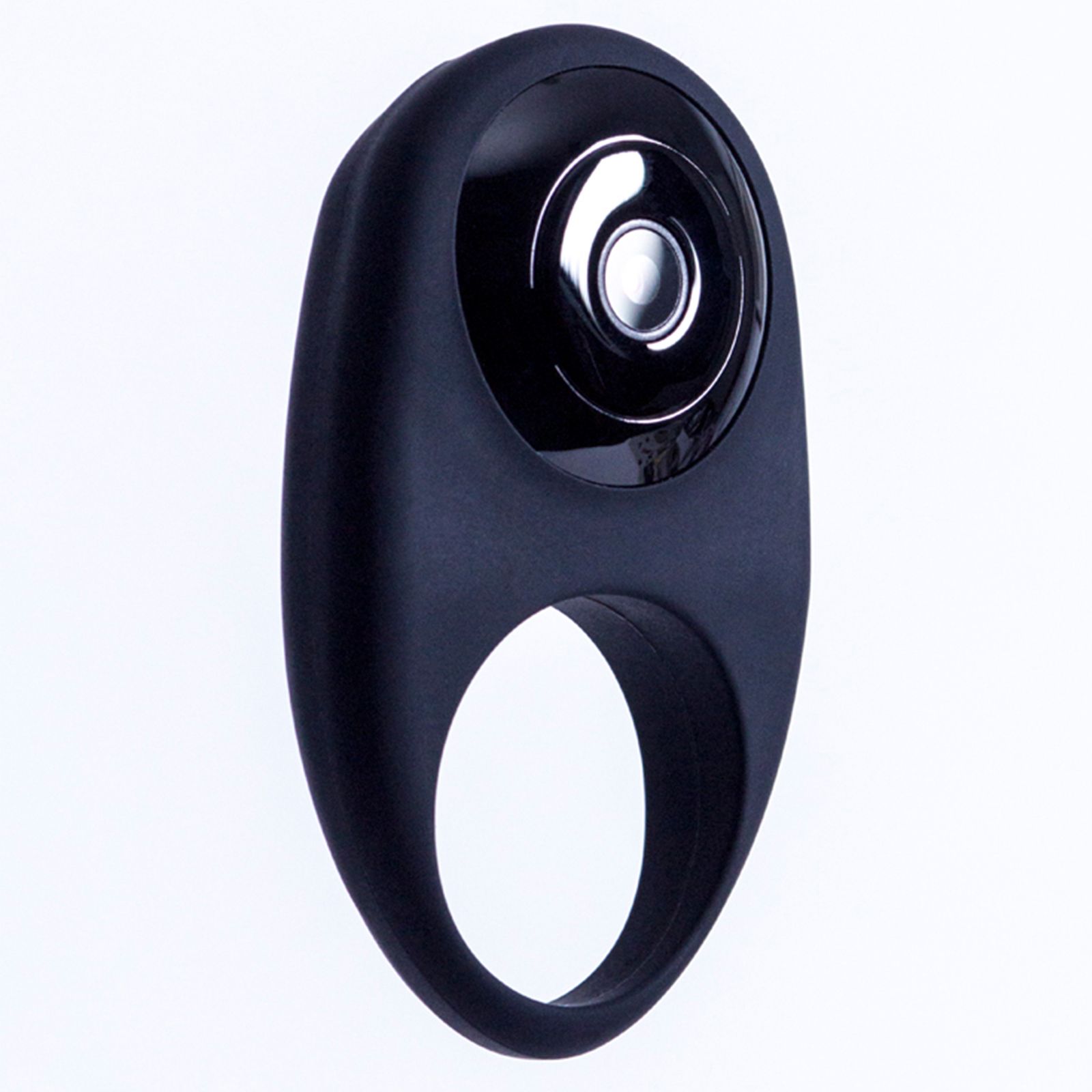 Schwarzer Ring aus Silikon mit Kamera. Runde Form mit Öffnung. Oberseite mit Kamera und Knopf.