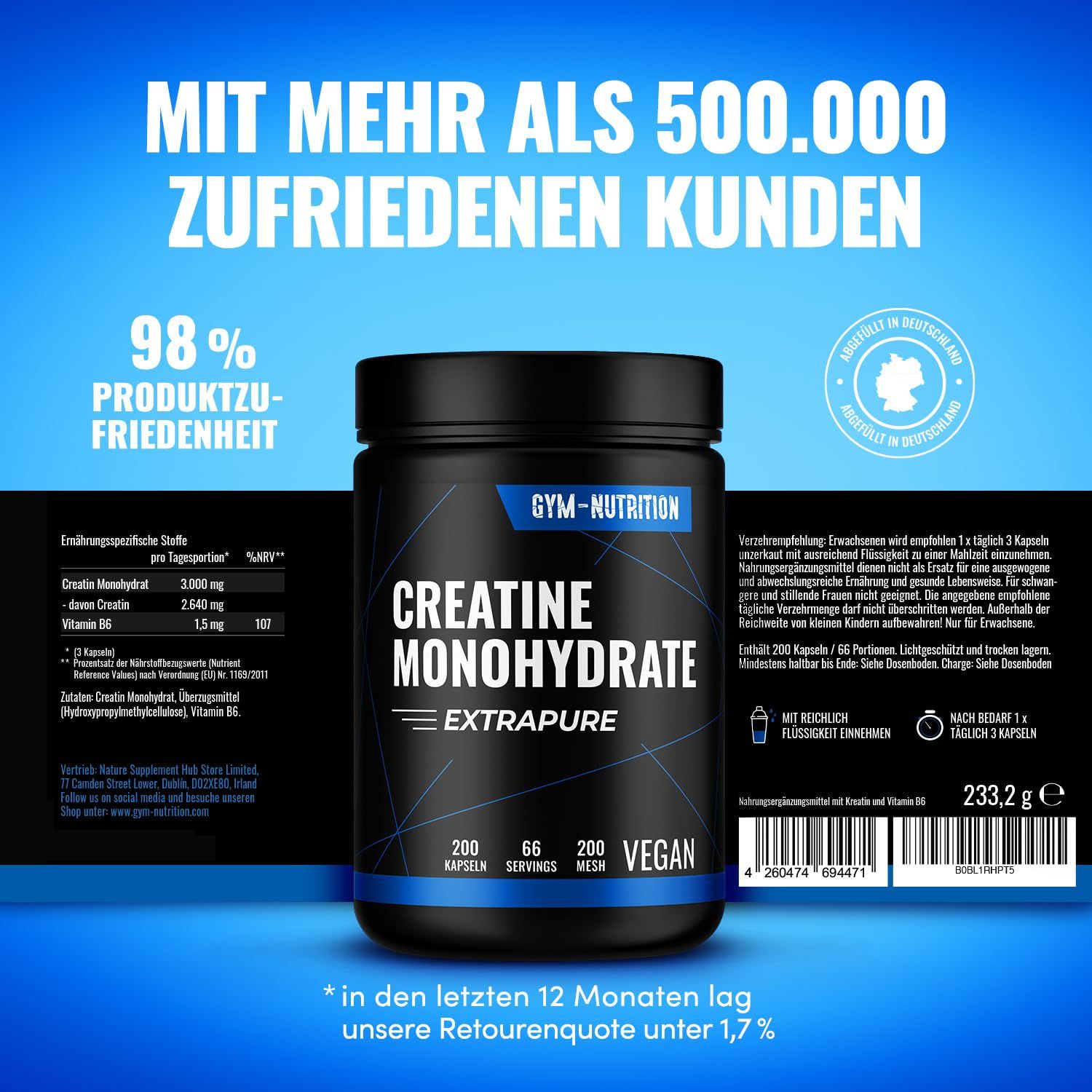 Schwarze Dose mit blauer Schrift. Aufschrift: Creatine Monohydrate Extrapure, 200 Kapseln, 66 Portionen, 200 Mesh, Vegan. Text über Kundenzufriedenheit.