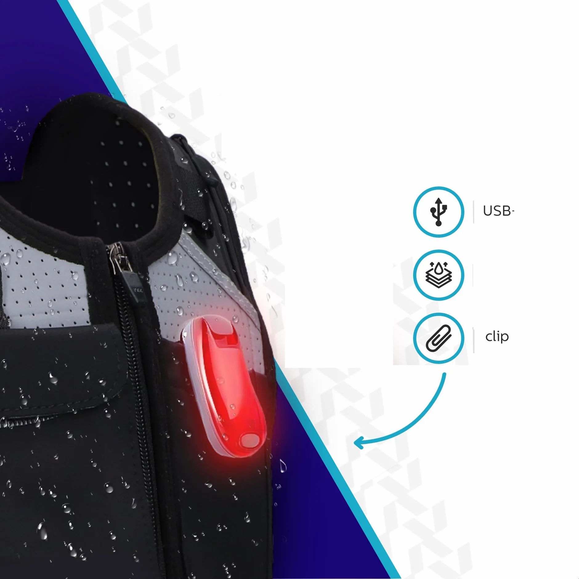Schwarze Laufweste mit rotem LED-Licht. USB-Anschluss, wasserdicht und Clip-Funktion. Reflektierende Elemente.